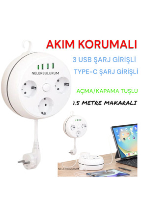 nelerbulurum MAKARALI 1.5 METRE ÜÇLÜ AKIM KORUMALI 3 USB / Type-C Girişli Akı...