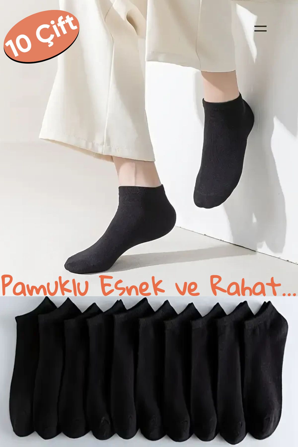 Esinti 10'lu Ekonomik Paket Beyaz Siyah Kadın Erkek Unisex Spor Patik Çorap