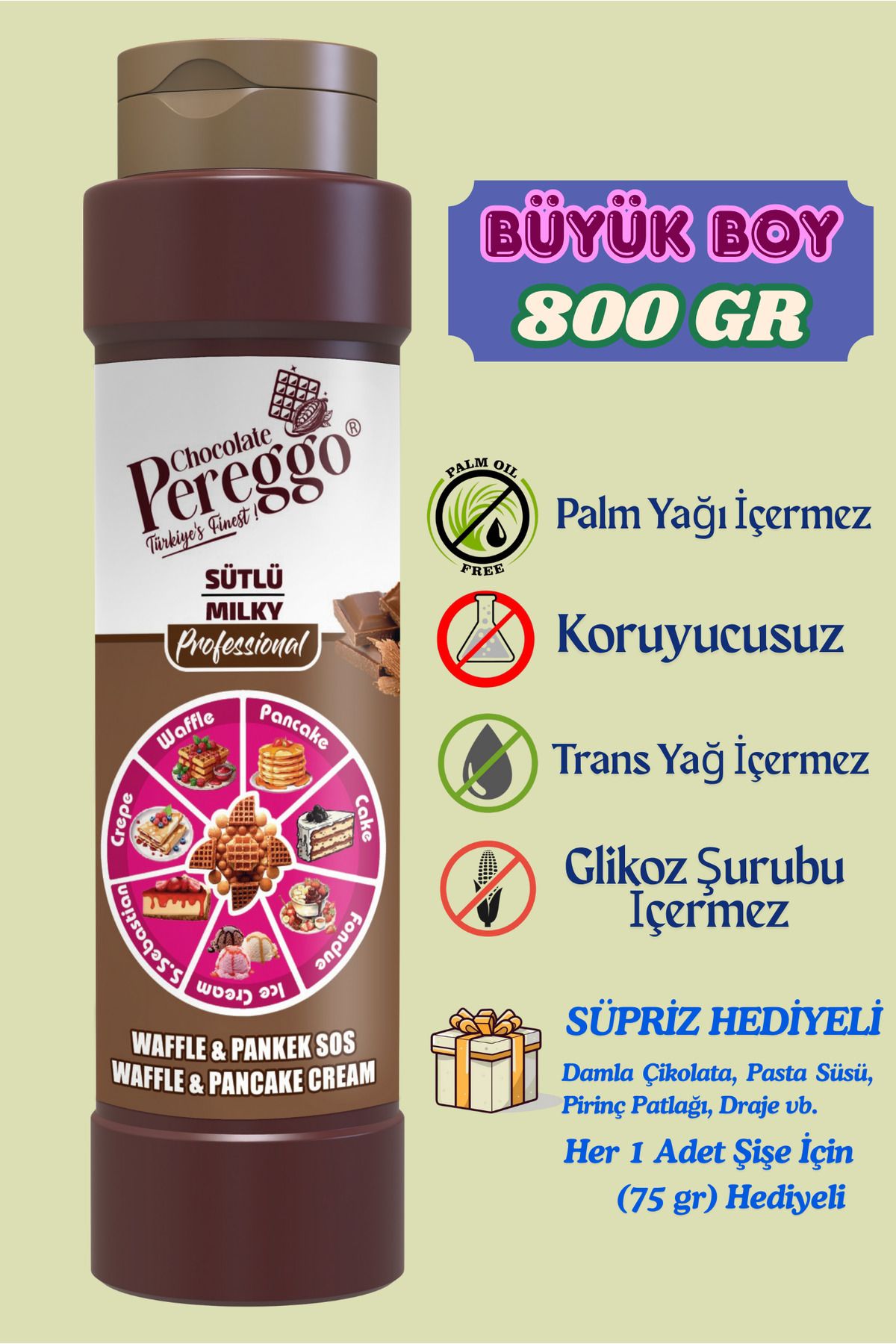 PEREGGO CHOCOLATE Sütlü Çikolata Sos - Waffle, Pankek, Krep, Fondü, Pasta, Kruvasan, San Sebastian Sos 800gr