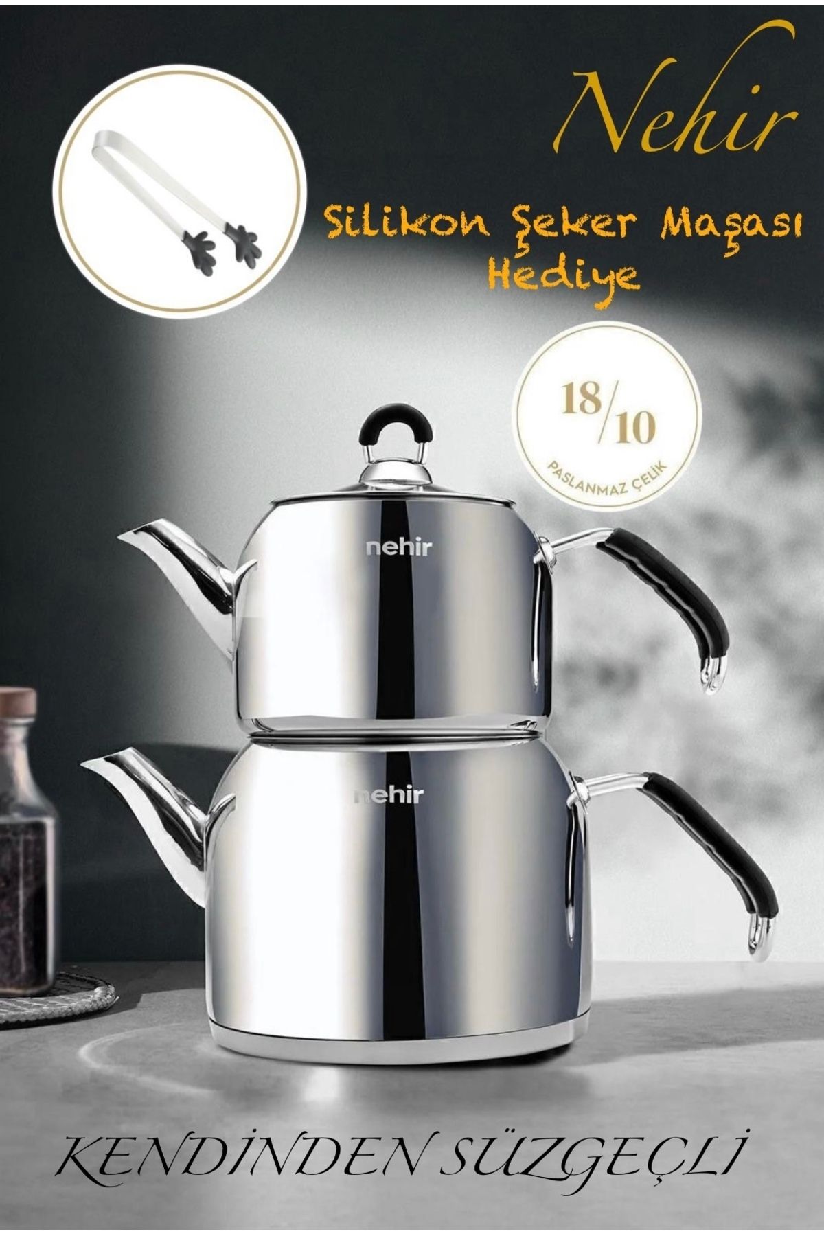 SANAL TREND HOME Nehir Maxi Kara Çelik Kendinden Süzgeçli 1.6-2.5 Lt. Çaydanlık Takımı