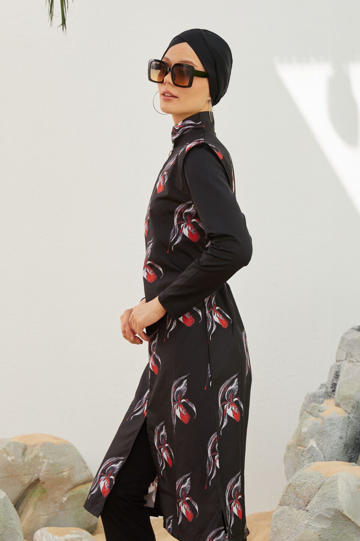 Starinci Mayo-Costum de baie complet acoperit cu guler în picioare Hijab Model negru cu model 4