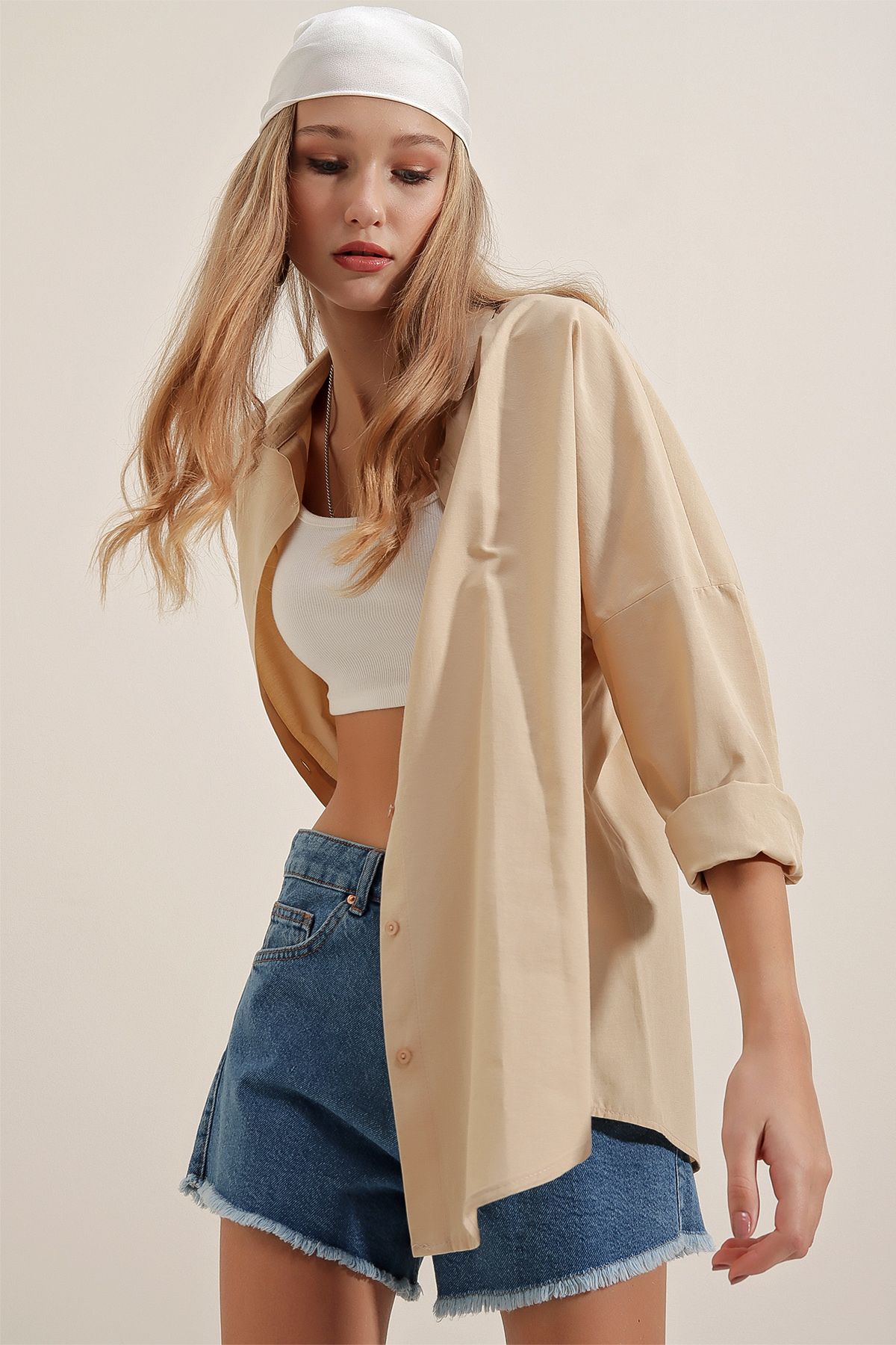 Bigdart-3900 Oversize Long Basic Shirt - Beige 2