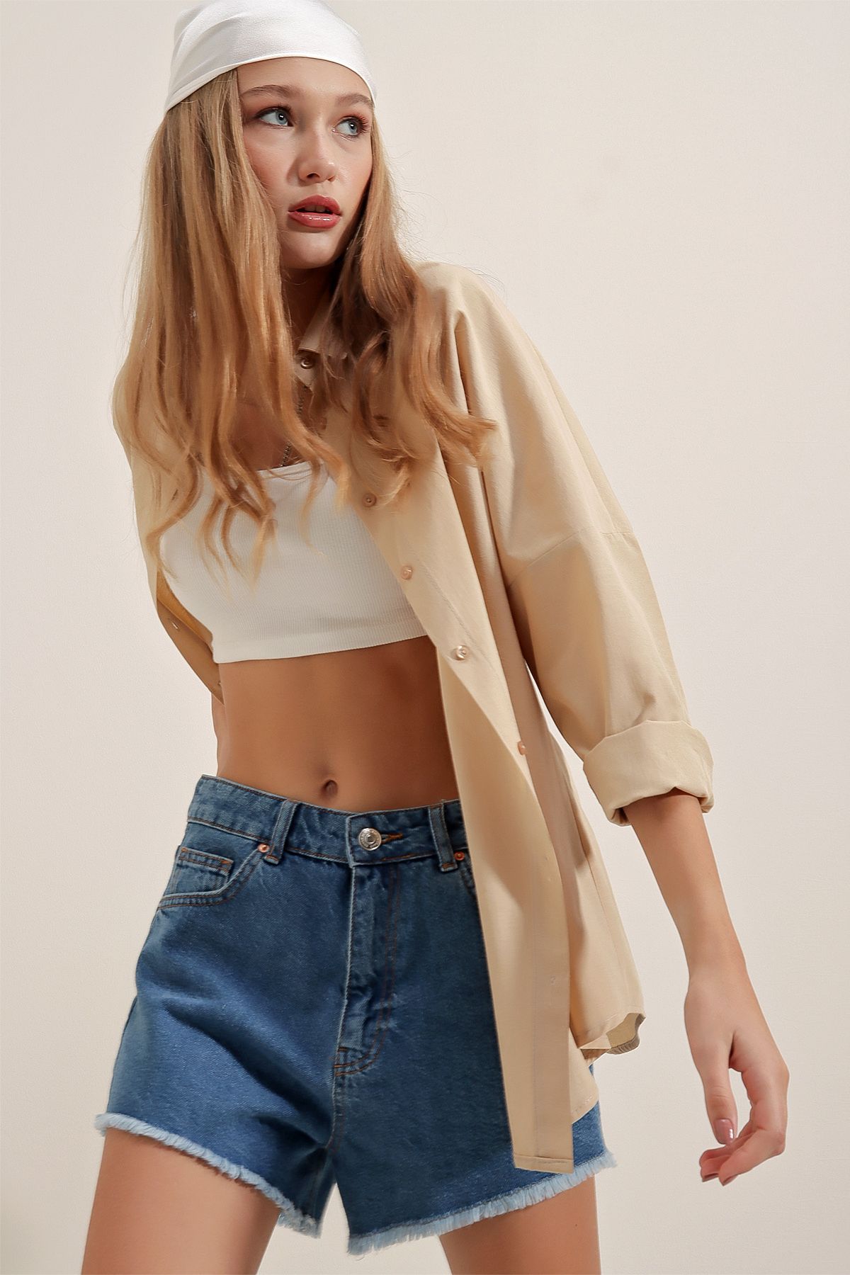 Bigdart-3900 Oversize Long Basic Shirt - Beige 4