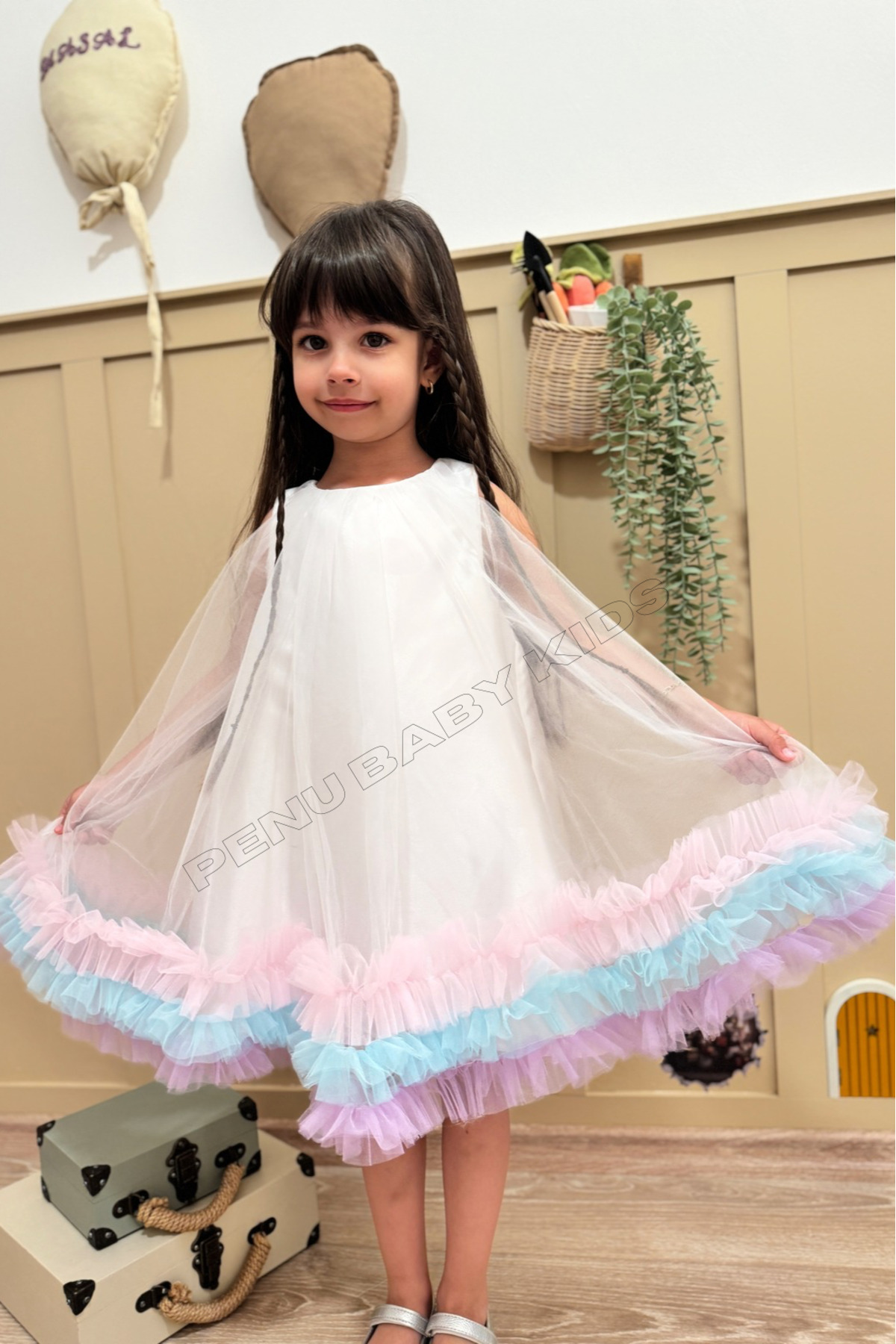 penu baby kids Beyaz Etek Ucu Renkli Fırfırlı Parlak Saten Üstü Kloş Tül Jile Kız Bebek & Kız Çocuk Elbise - Donna fotoğrafı 3 (önizleme)