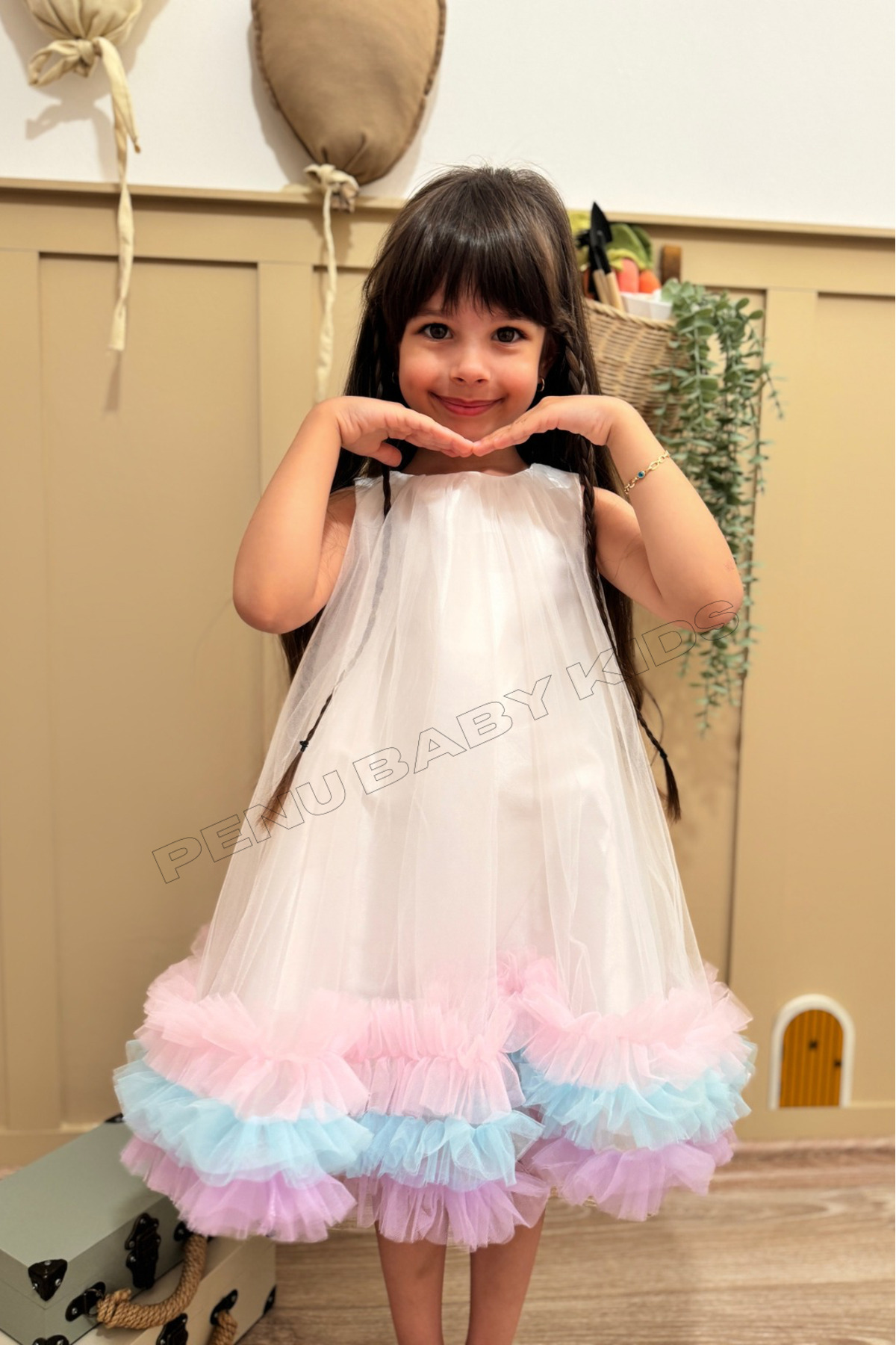 penu baby kids Beyaz Etek Ucu Renkli Fırfırlı Parlak Saten Üstü Kloş Tül Jile Kız Bebek & Kız Çocuk Elbise - Donna fotoğrafı 7 (önizleme)