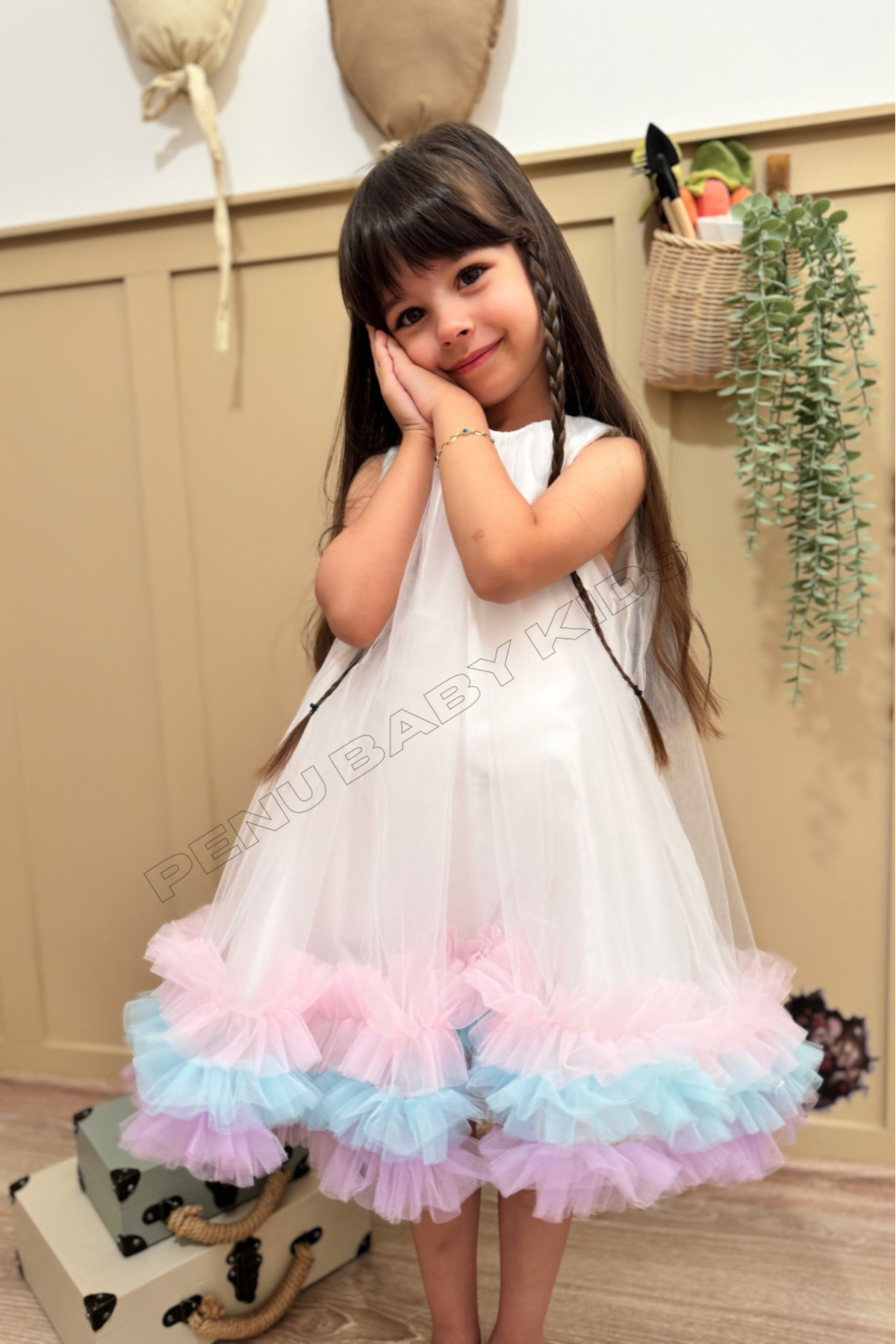 penu baby kids Beyaz Etek Ucu Renkli Fırfırlı Parlak Saten Üstü Kloş Tül Jile Kız Bebek & Kız Çocuk Elbise - Donna fotoğrafı 2 (önizleme)