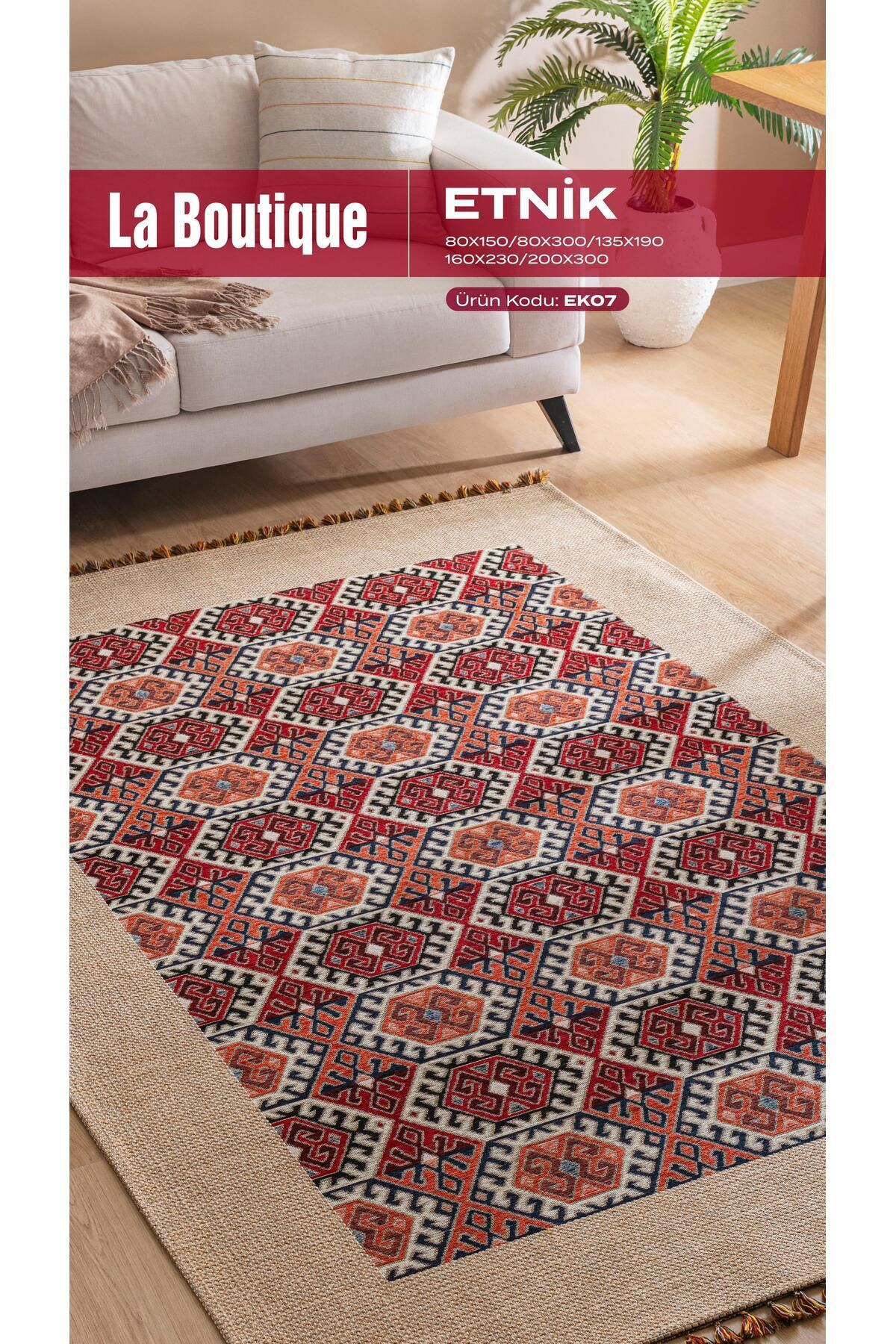 La Boutique BB ETNİK EK07 Kaymaz Tabanlı Etnik Kilim – Saçaklı Boho Stil Dekoratif Kilim