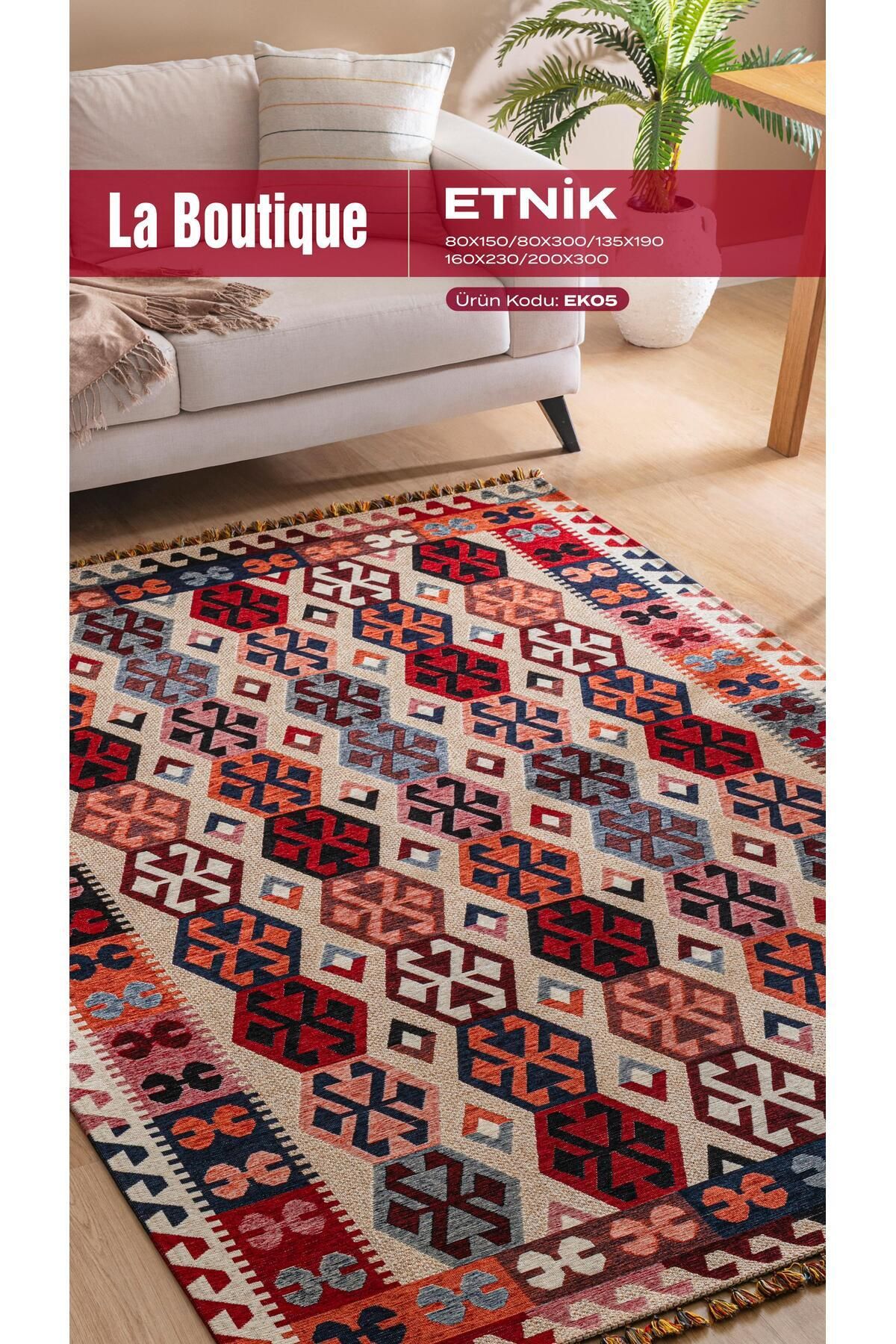 La Boutique BB ETNİK EK05 Kaymaz Tabanlı Etnik Kilim – Saçaklı Boho Stil Dekoratif Kilim