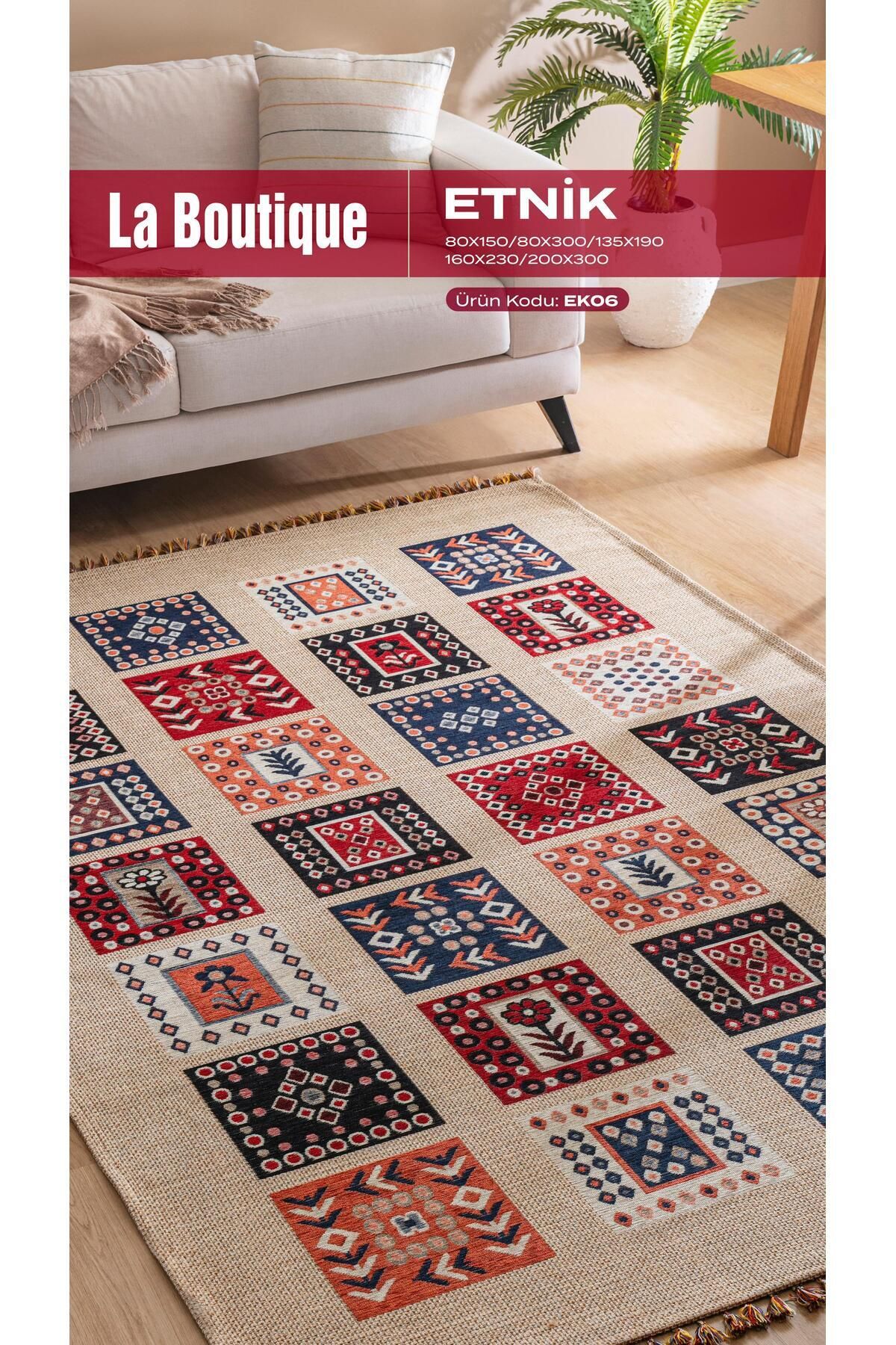 La Boutique BB ETNİK EK06 Kaymaz Tabanlı Etnik Kilim – Saçaklı Boho Stil Dekoratif Kilim