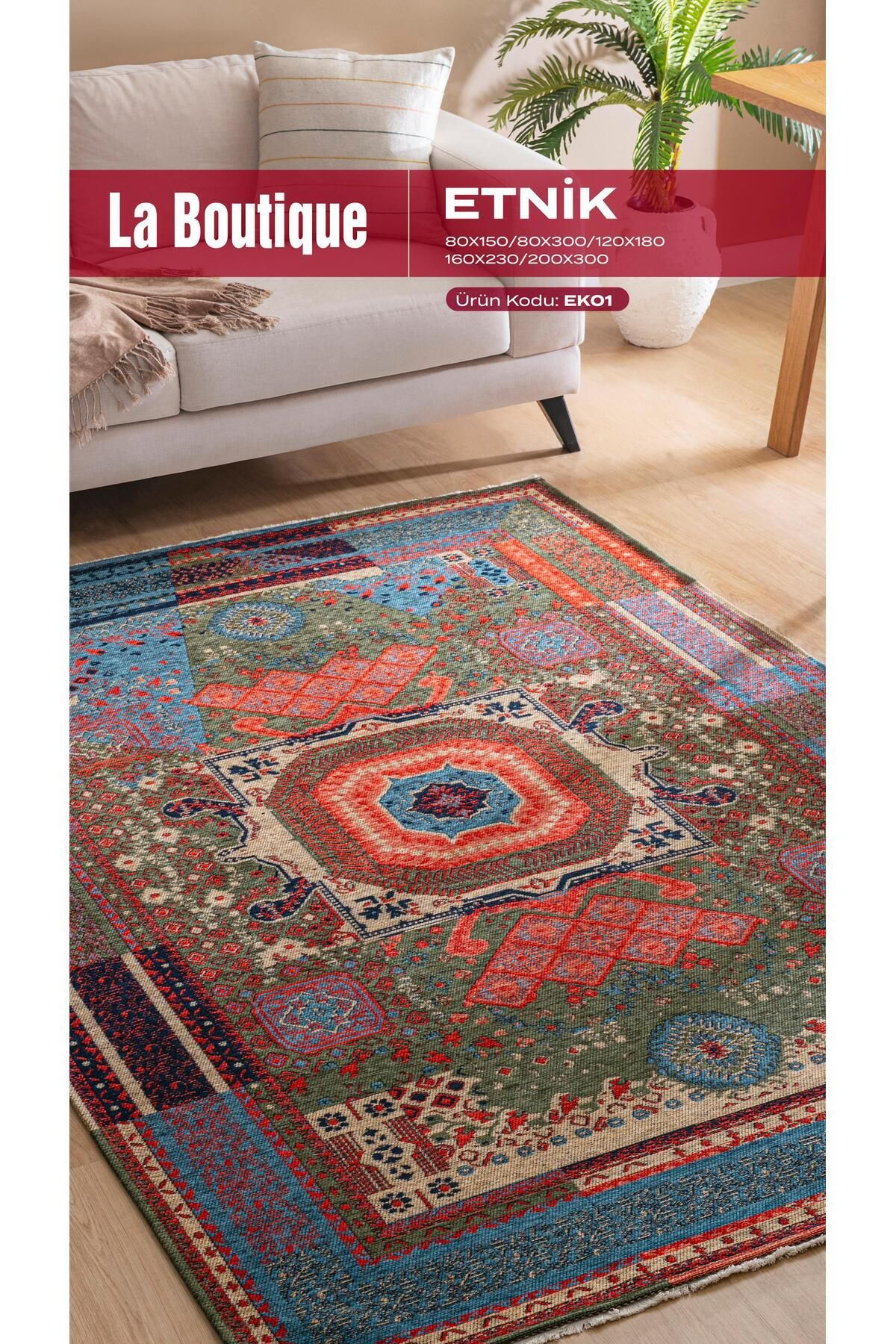 La Boutique BB ETNİK EK01 Kaymaz Tabanlı Etnik Kilim – Saçaklı Boho Stil Dekoratif Kilim