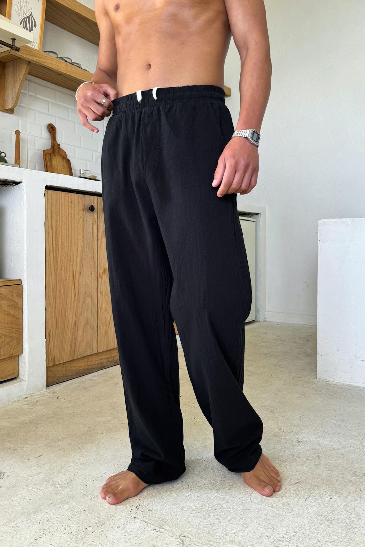 Flaw Wear  Bel Lastikli Rahat Kesim Keten Pantolon Siyah - Görsel 2