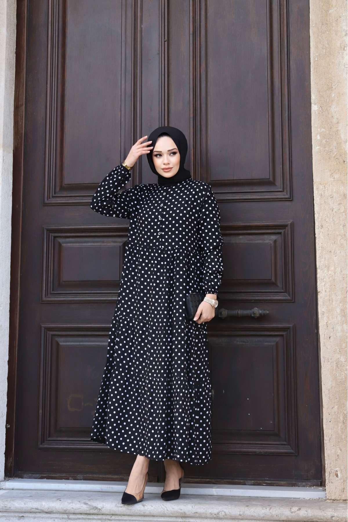 Sfg Life Moda WOMEN'S SUMMER TESETURES FRONT BUTTONED WOVEN VISKOSE FABRIC STYLISH DOT DRESS