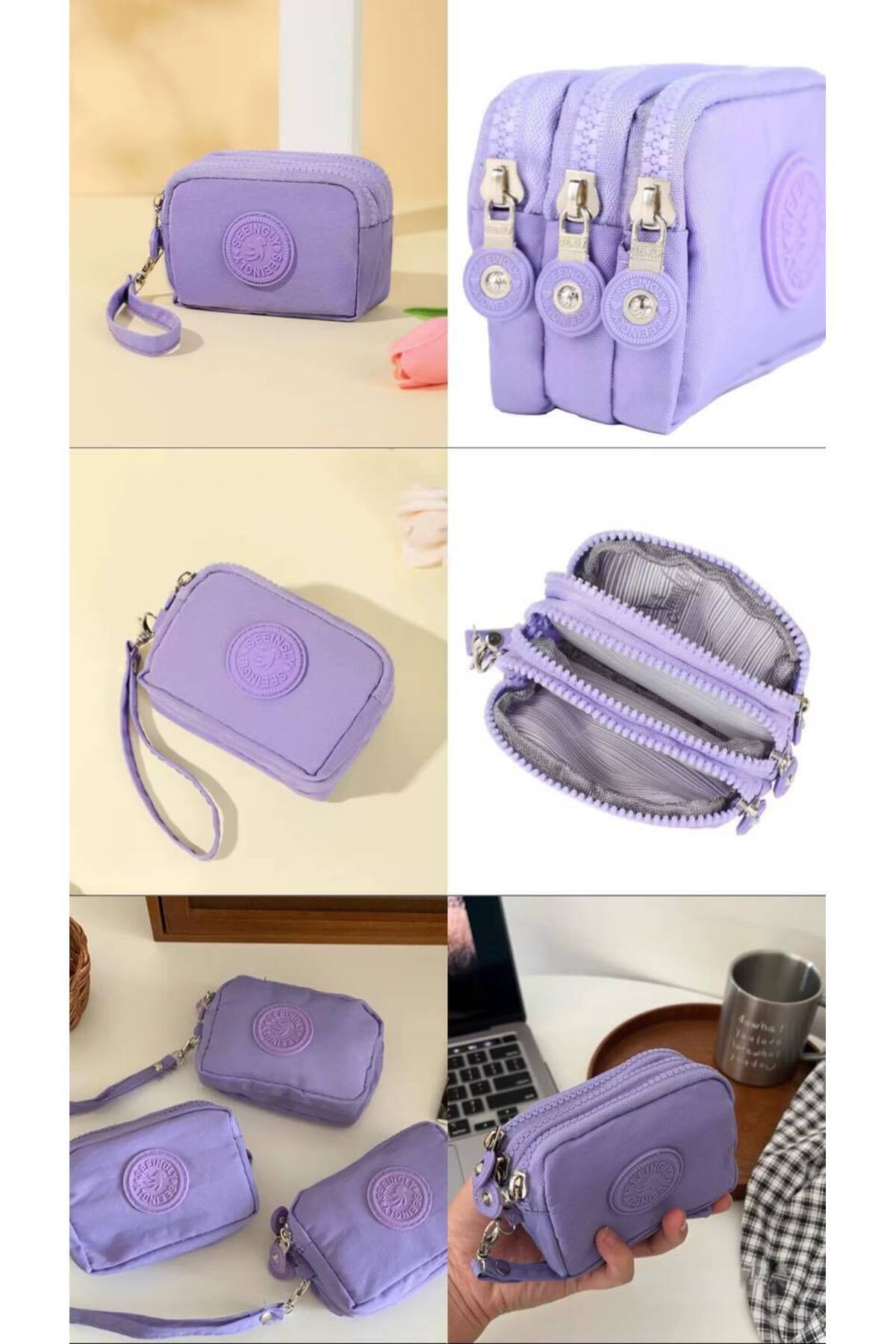 rinkadoll Lila renk bileklikli yumuşak hafif üç fermuarlı bozuk para cüzdanı görsel 2