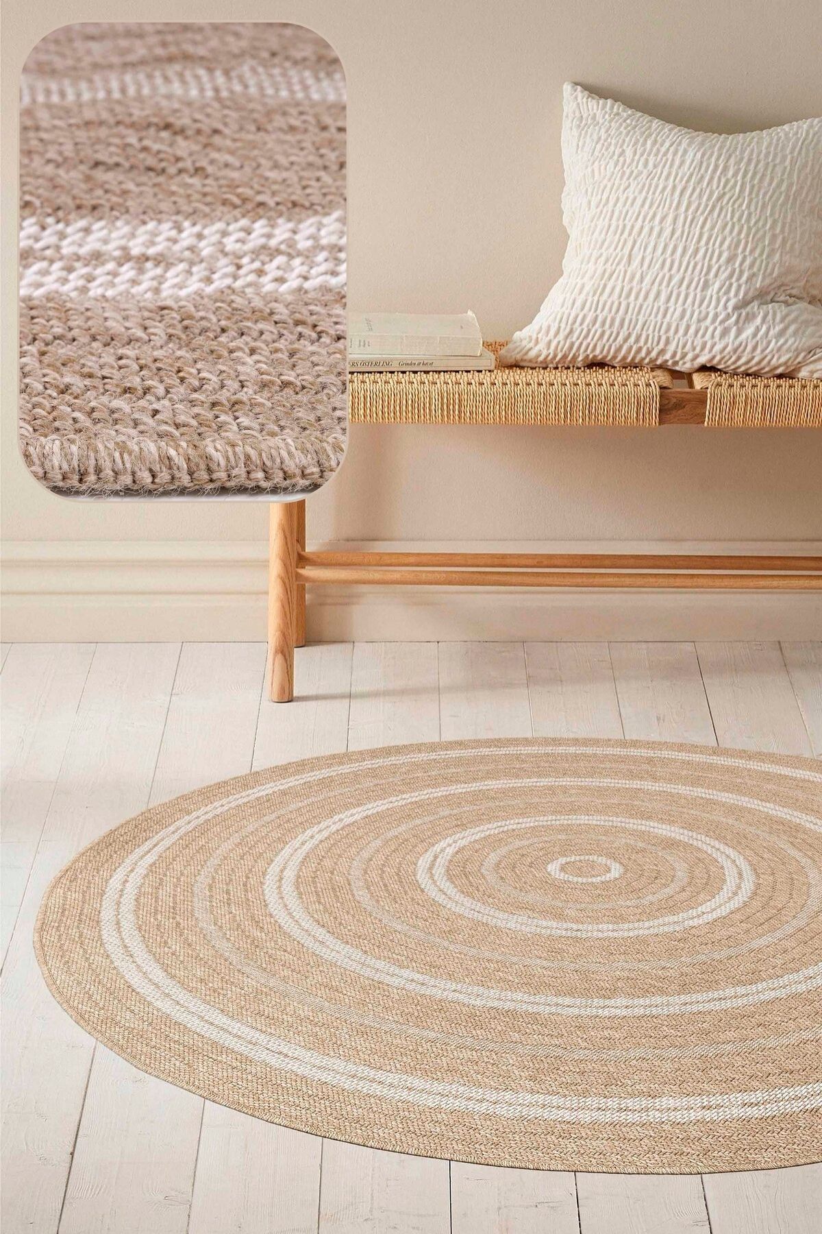SANRUGS Home & Living Yıkanabilir Sisal Jüt Dokuma Hasır Halı Kilim Bej Kahve Daire Oval Model Mutfak Balkon Bahçe Teras