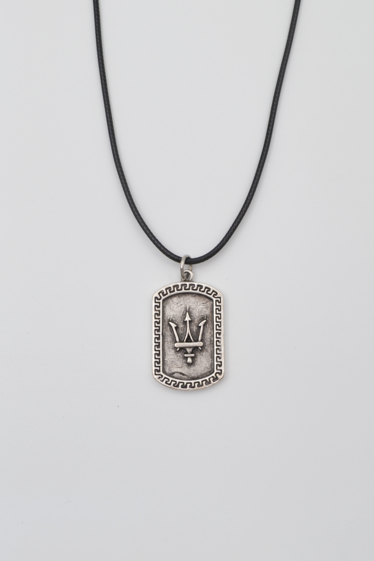 Poseidon - Spear Dog Tag Necklace Leather Rope Necklace Silver Plated Men Women Necklace