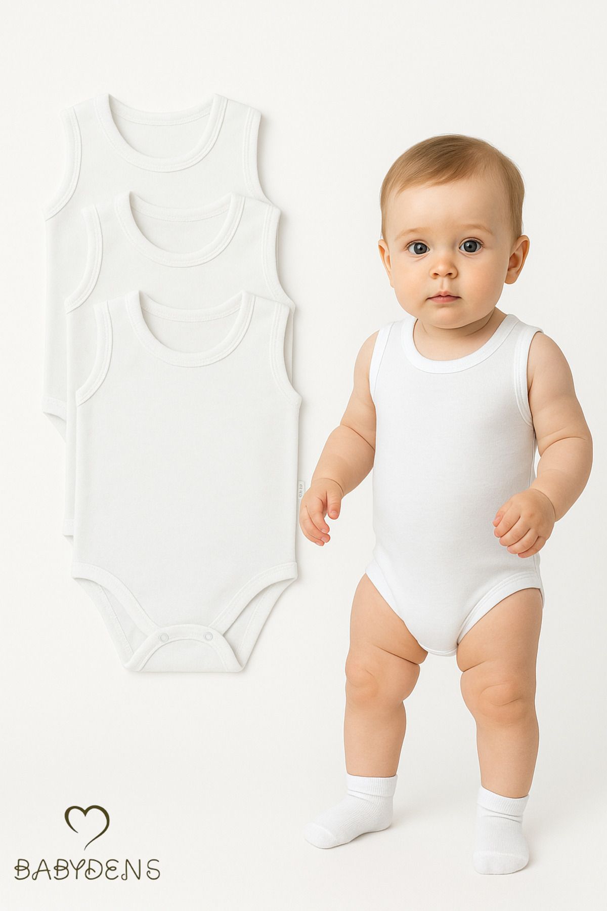BABYDEN'S 3'lü %100 Pamuklu Beyaz Kolsuz Bebek Body Seti Unisex Bebek İçin Yazlık Zıbın Takımı
