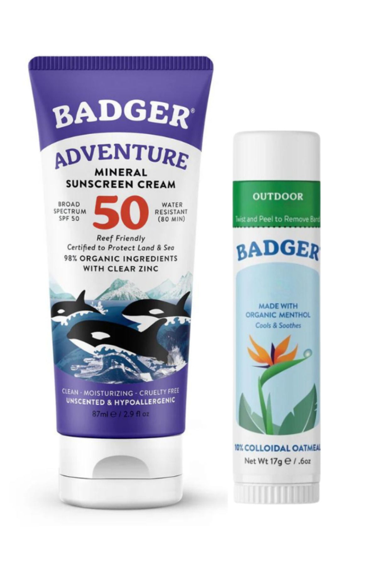Badger Organik Güneş Seti: SPF 50 Güneş Kremi + Nemlendirici Stick