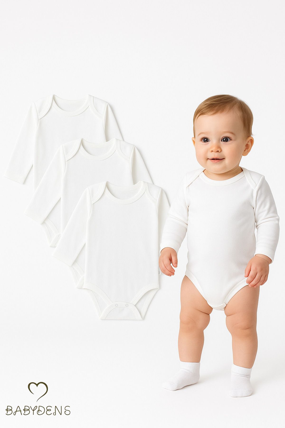 BABYDEN'S 3'lü Set Uzun Kollu Beyaz Bebek Zıbın %100 Pamuk | 0-3 Ay - 24 Ay | Unisex Çıtçıtlı Body