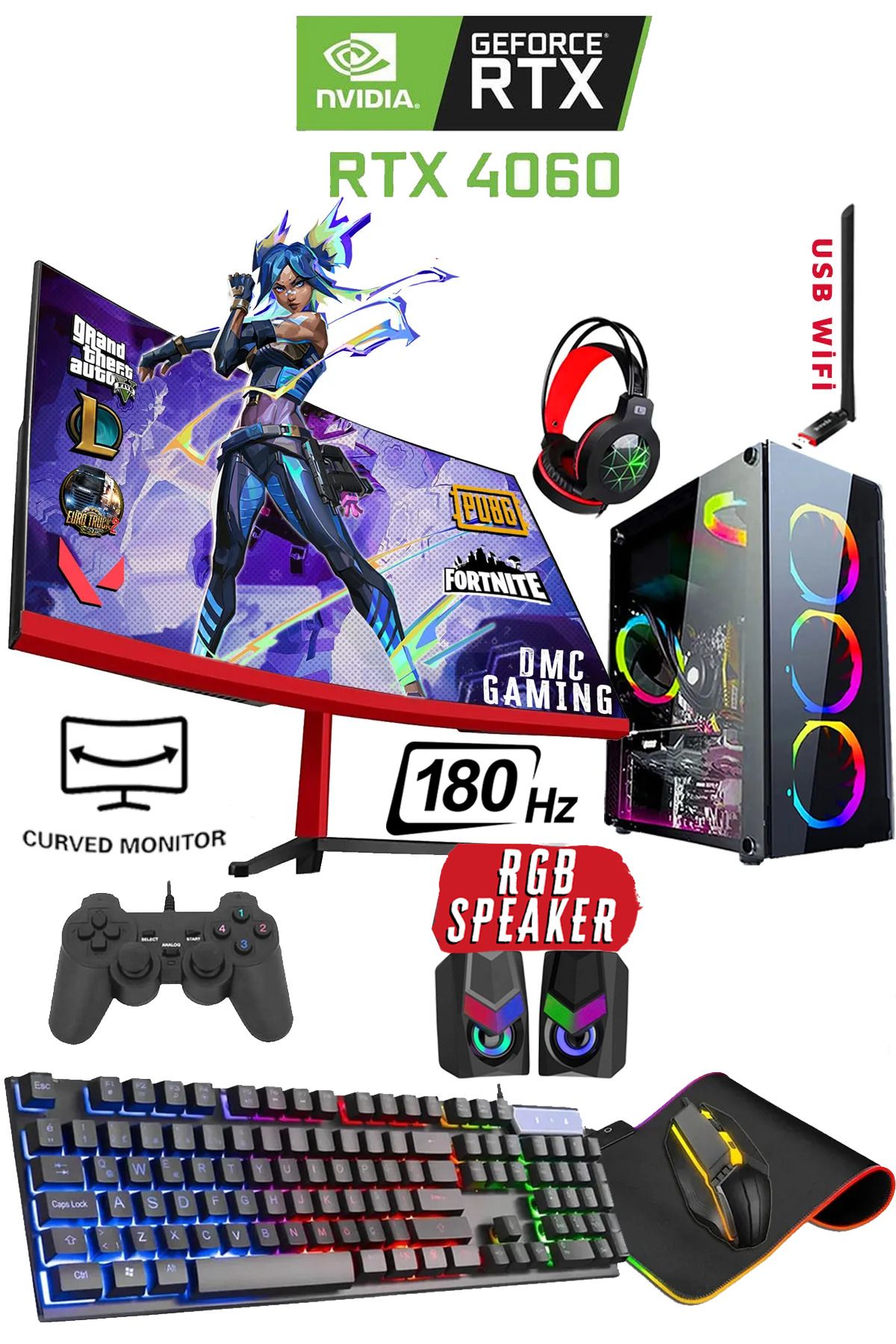 Dmc N307 (PUBG,GTA 5)Ryzen 7 5700X 32GB 512 M.2 SSD Rtx4060 8GB 24" 180Hz Oyuncu Masaüstü Bilgisayar