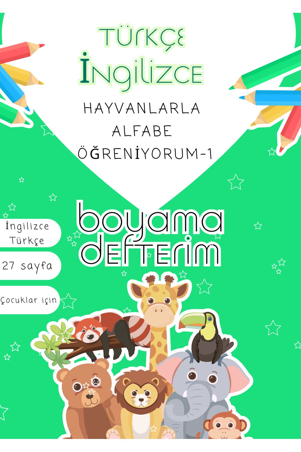 pnkycrco Çocuklar için İngilizce-Türkçe Hayvanlar ile Alfabe Öğreniyorum Boyama Defteri Seri-1 |27 Sayfa A5