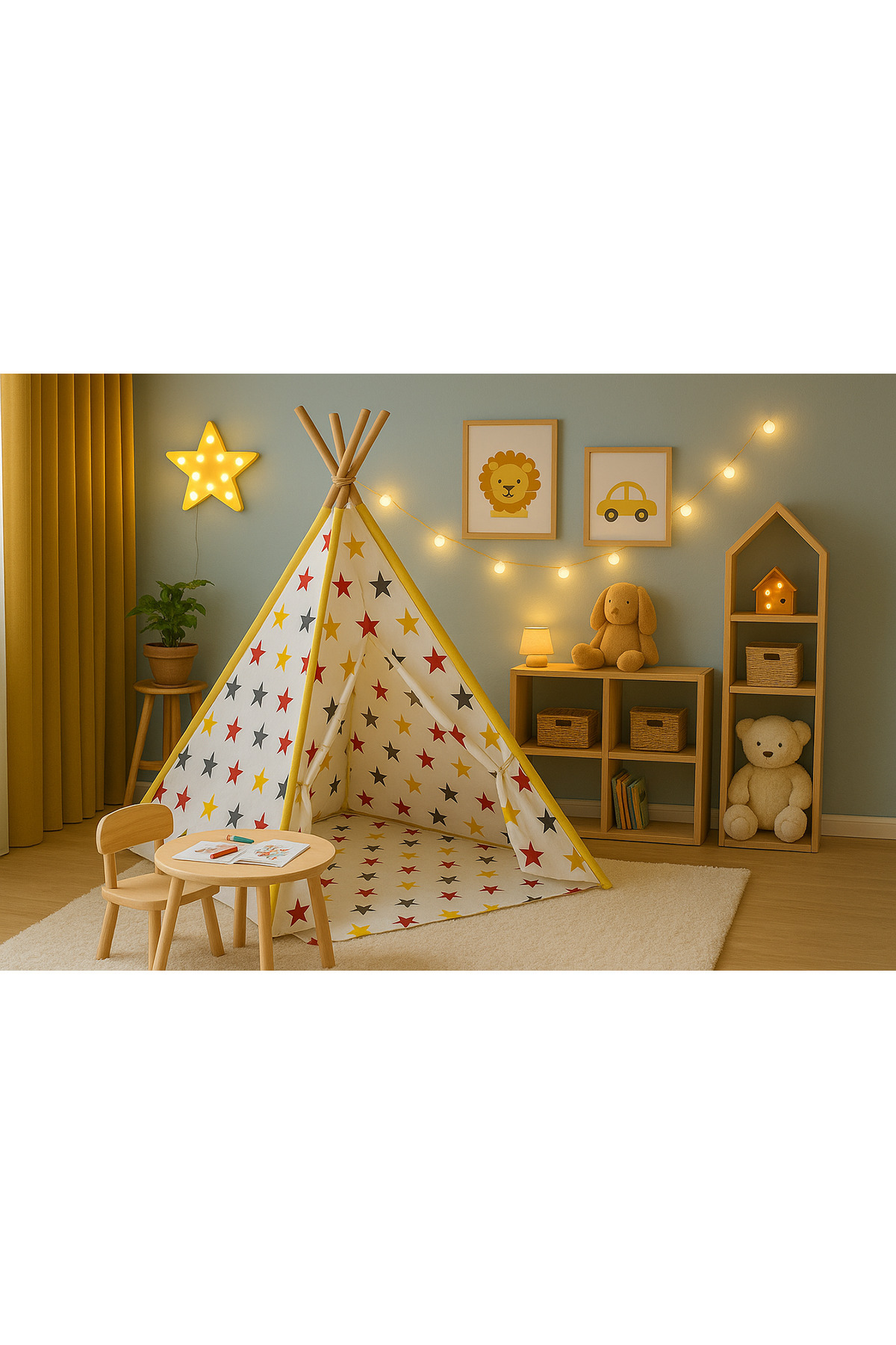 SafeMom Ahşap Kızılderili Bebek Çocuk Oyun Çadırı - Stars fotoğrafı 2 (önizleme)