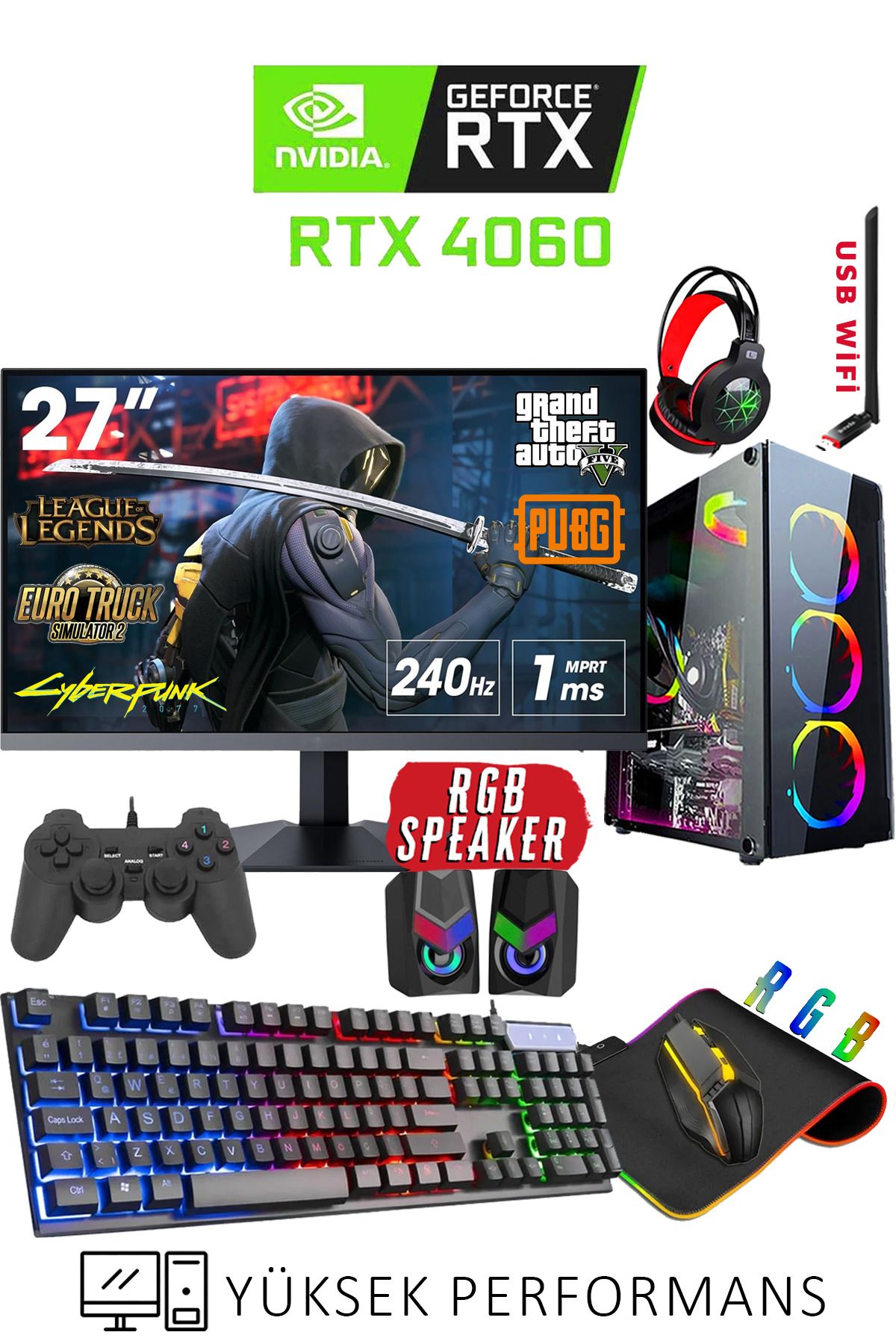 Dmc N306 (PUBG,GTA 5) Ryzen 7 5700x 32gb 1tb M.2 Ssd Rtx4060 8gb 27"240hz Oyuncu Masaüstü Bilgisayar