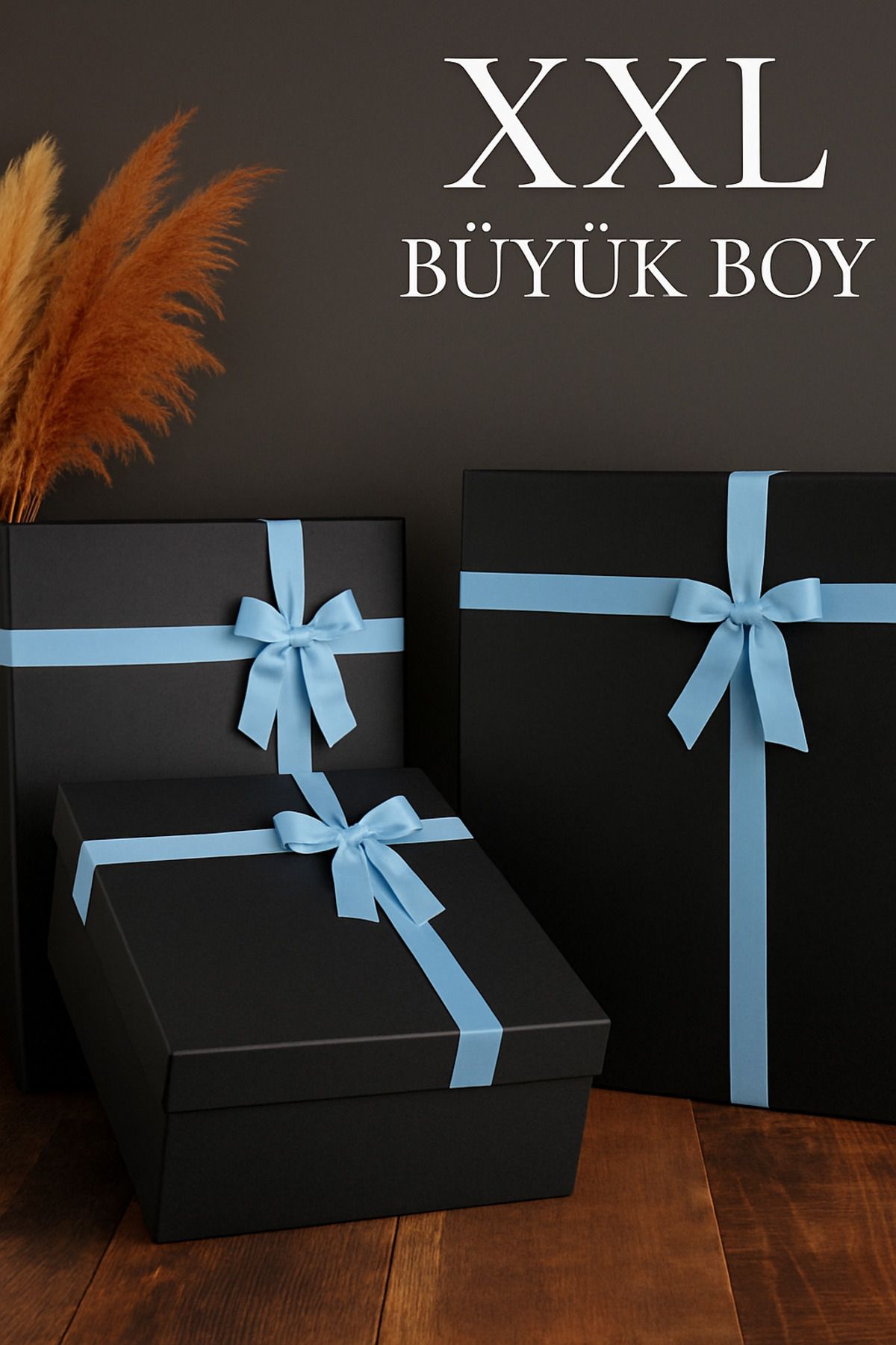 SİMGE KUTU Büyük Boy Xxl Siyah 3'lü Mavi Kurdeleli Siyah Kutu Sert Malzeme