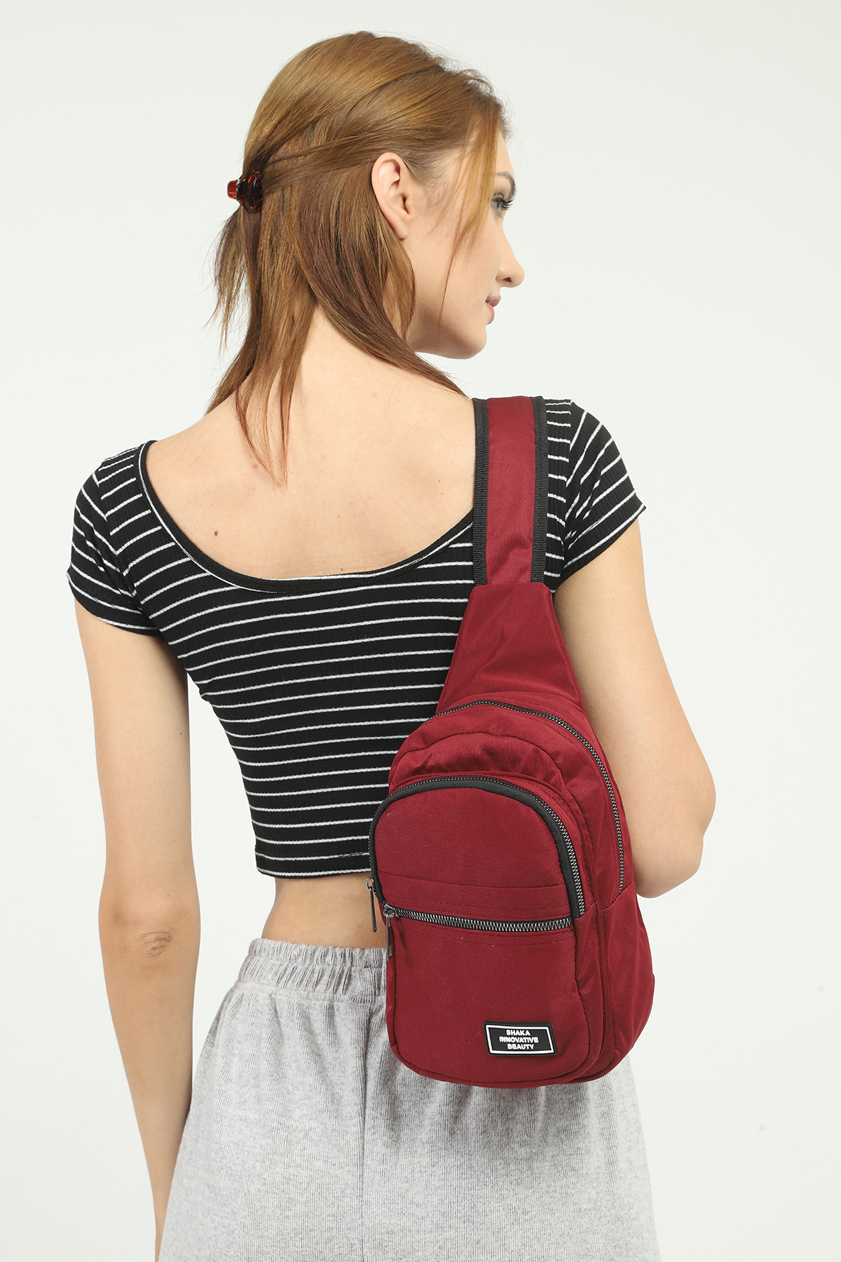 SHAKA Bordo U3 3 Bölmeli Ayarlanabilir Çapraz Askılı Kanvas Unisex Bel Ve Omuz Çantası B:30 E:15 görsel 4