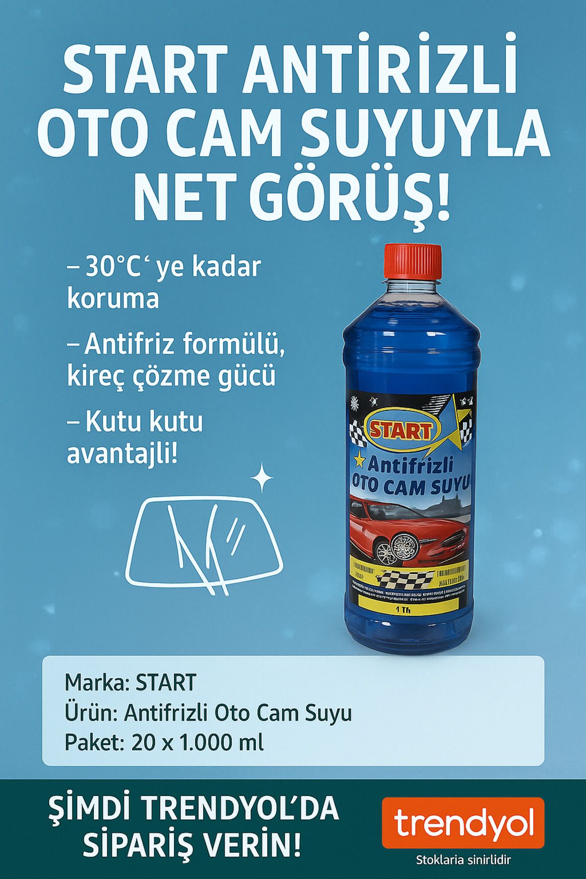 start Antifrizli Oto Cam Suyu 1 Litre – Konsantre Formül (-30°C’ye Kadar Koruma)