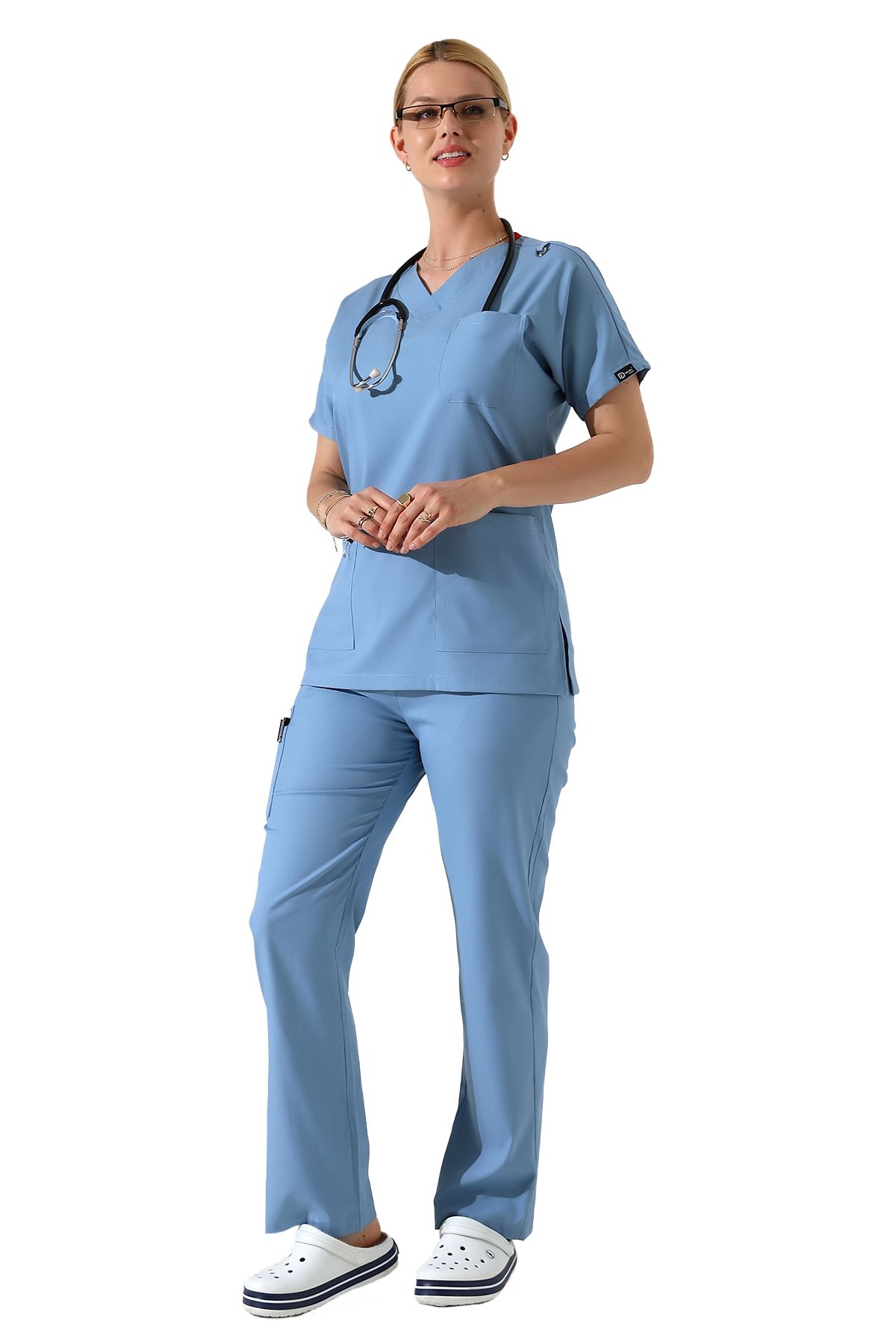 BEDUCA Açık Mavi Likralı Dr Greys V yaka Yarasa Kol Hemşire Üniforma Takımı, Büyük Beden Kadın Scrubs