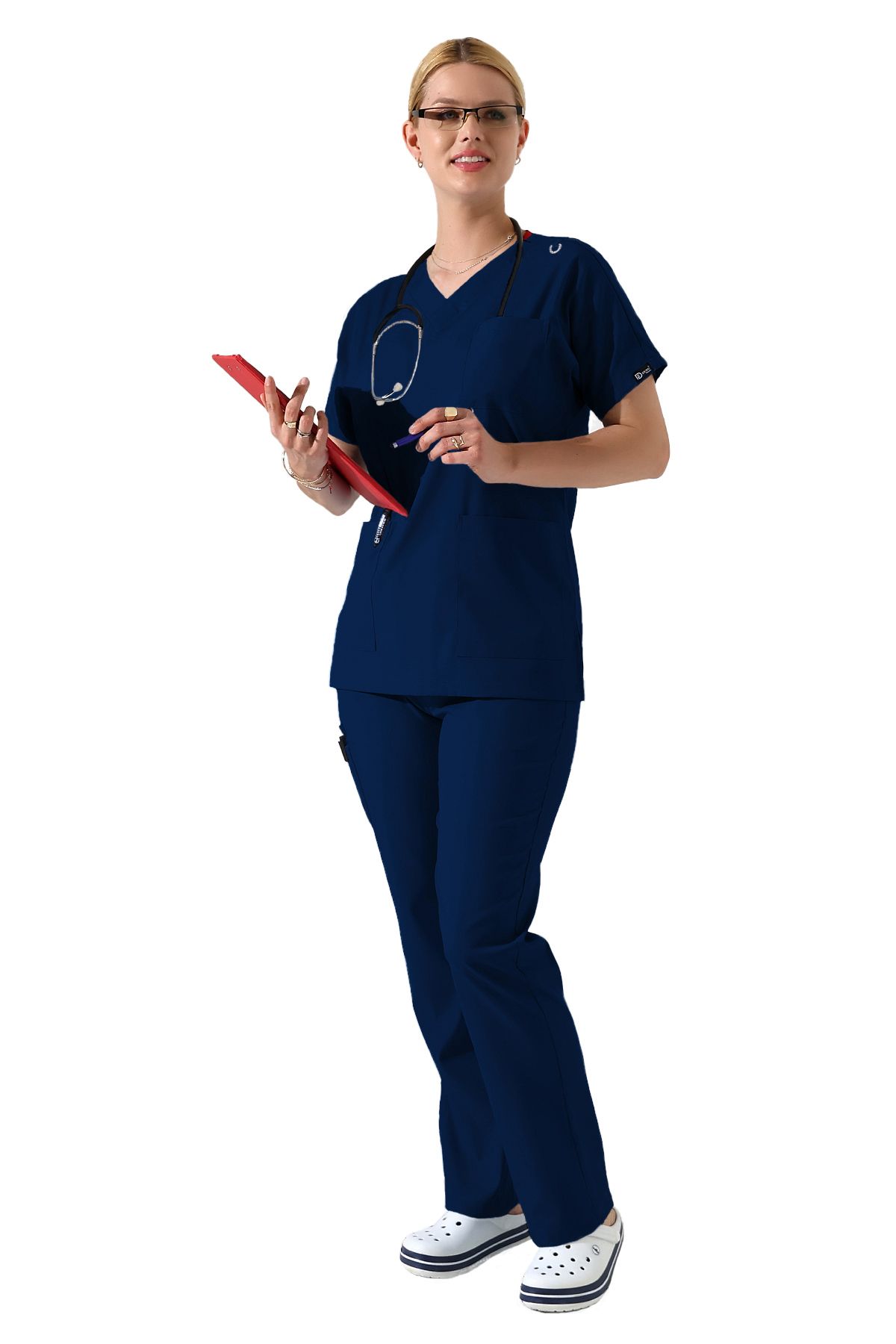 BEDUCA İndigo Likralı Dr Greys V yaka Yarasa Kol Doktor Hemşire Üniforma Takımı, Büyük Beden Kadın Scrubs