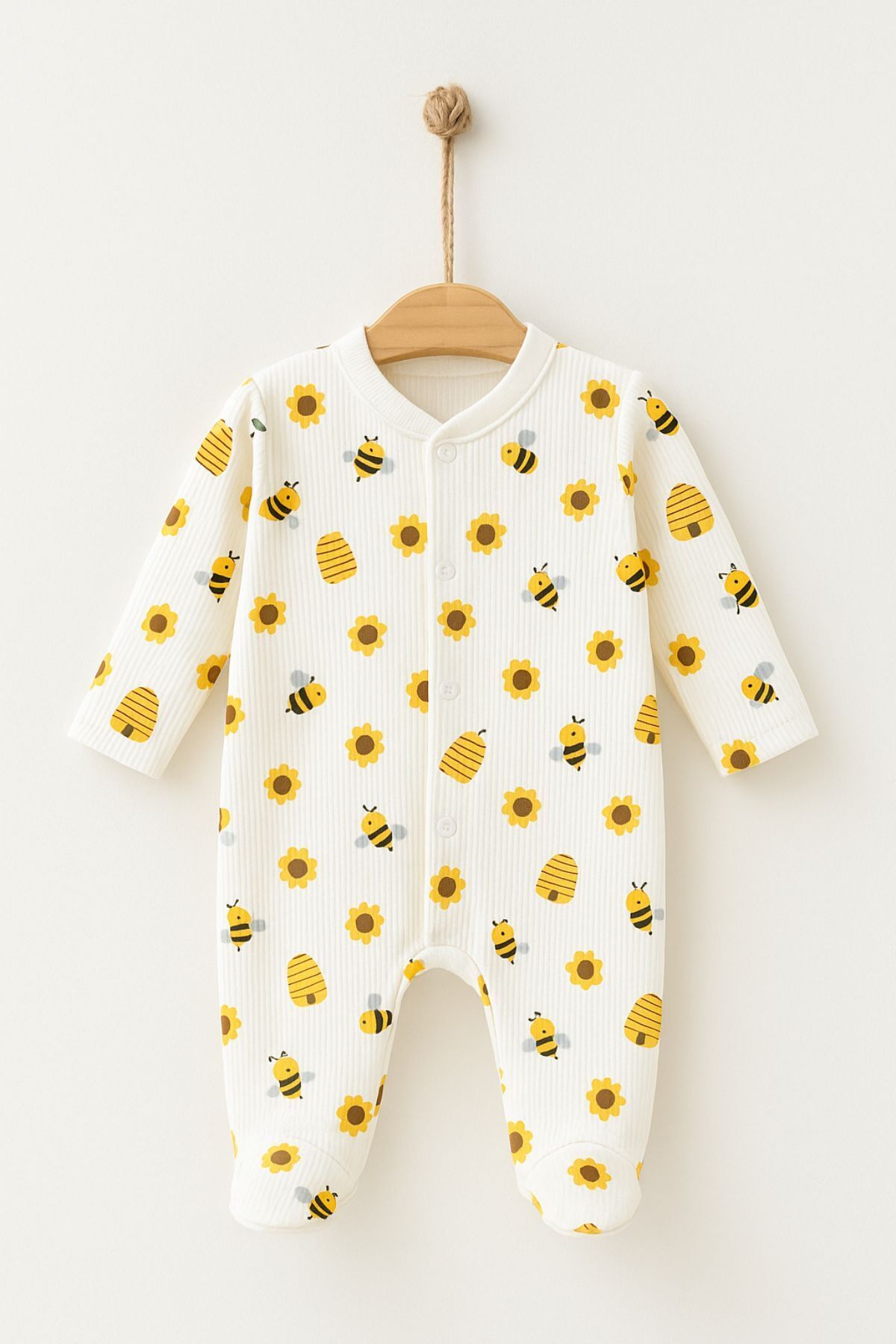 Minytrendy Kız Erkek Bebek Yenidoğan Tulum Arı Desenli Esnek Çıtçıtlı Tulum Hastane Çıkışı Bebek Hediyelik fotoğrafı 2 (önizleme)