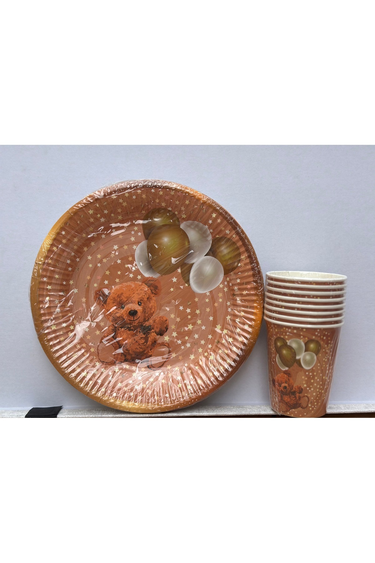 Party Partycom Ayıcıklı Balon Kahve-Gold 8’li Karton Tabak-Bardak
