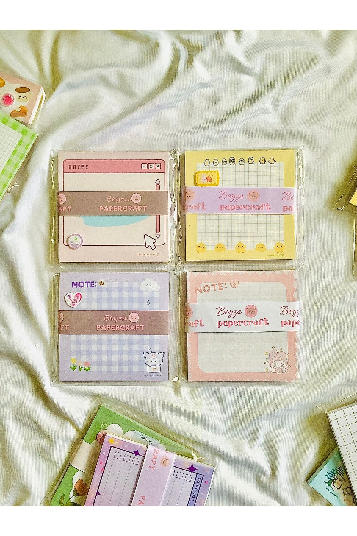 Beyza PaperCraft 4’lü Notepad Seti Pembe Ördekli,Mor Desenli,Pembe Ayıcıklı,Sarı Civciv Temalı Kareli-Not Kağıdı