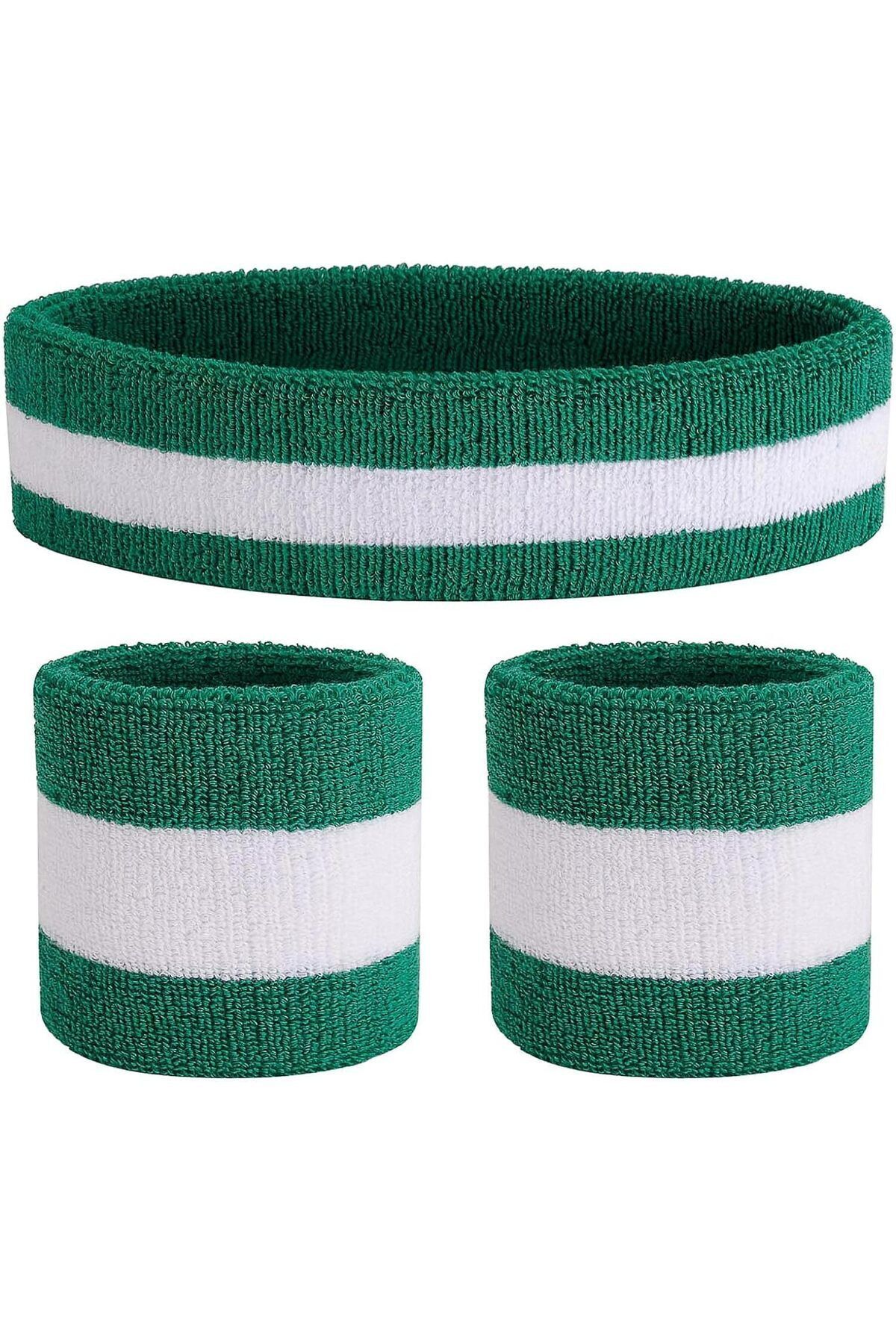 SportyBand Yeşil Beyaz Saç Bandı, Bandana, Hairband, Ve Bileklik 3 Lü Takım.