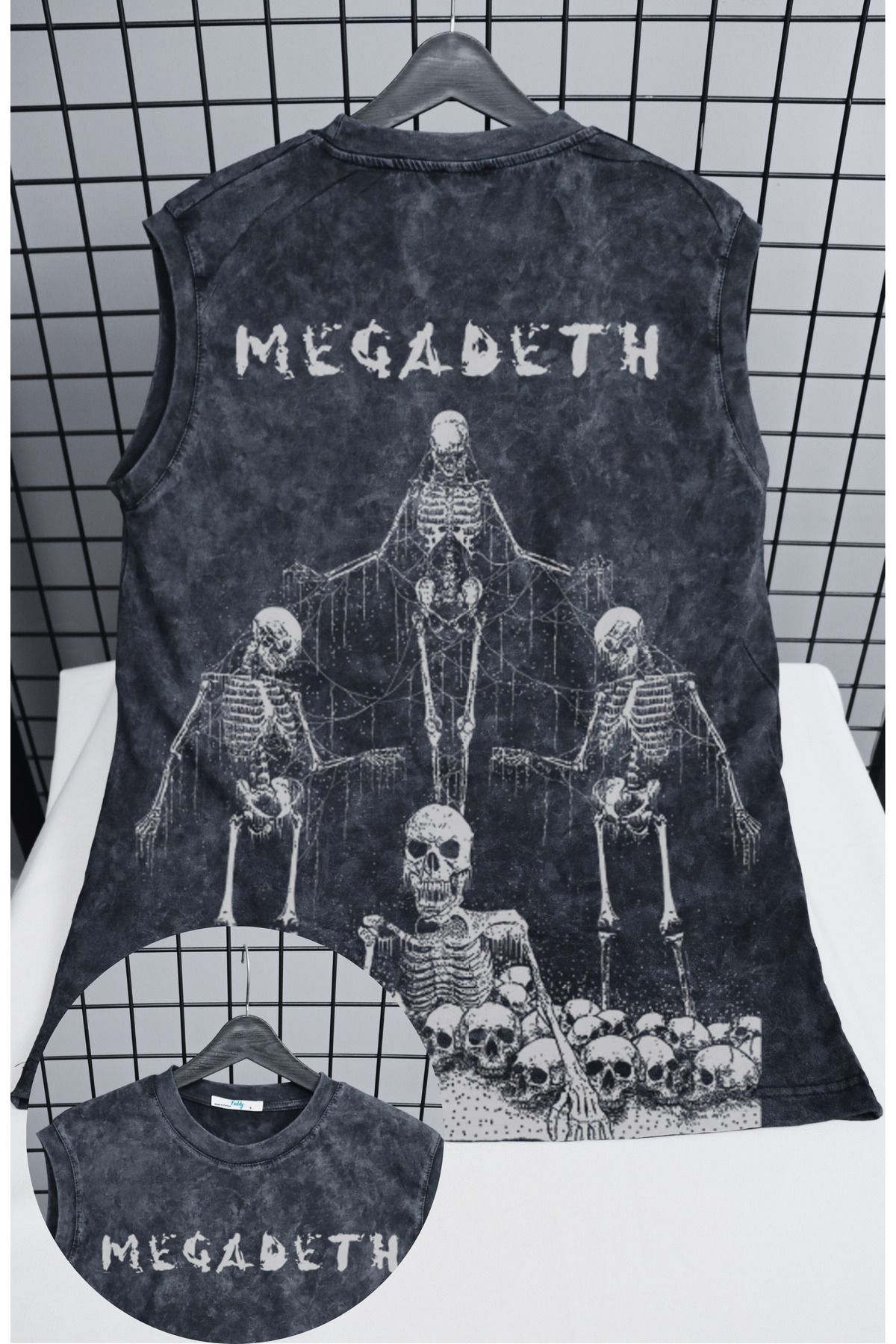 Fuddy Moda Megadeth Skeleton Baskılı Yıkamalı Kolsuz Tişört, Unisex Rock Band Temalı Retro Sıfır Kollu Atlet