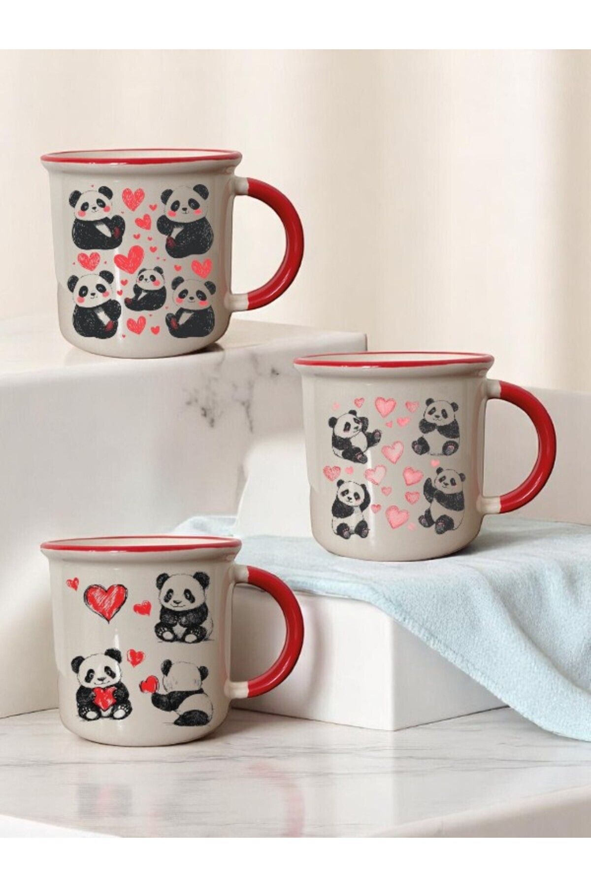 lili hediyelik Kalpli Panda Baskılı 3'lü Ağzı Kırmızı Seramik Kupa Bardak Kahve Bardağı