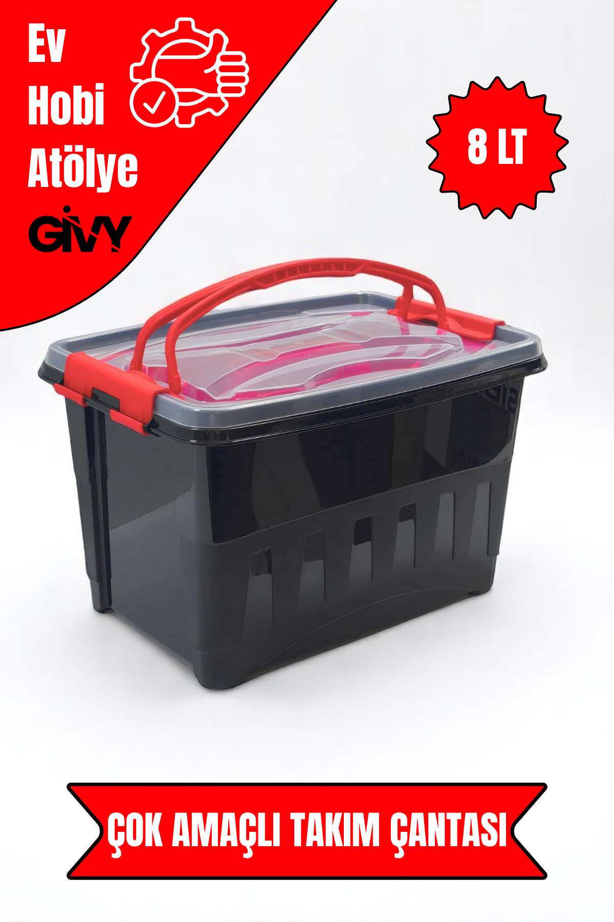 GİVY Polytime 8 Litre Plastik Takım Çantası Kırmızı Siyah | Ev Tipi Çok Amaçlı Düzenleyici Kutu