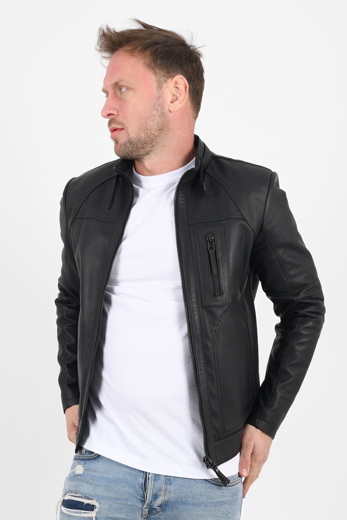 ALİN  Theroux Erkek Rahat Kesim Siyah Hakiki Deri Mont - Görsel 5