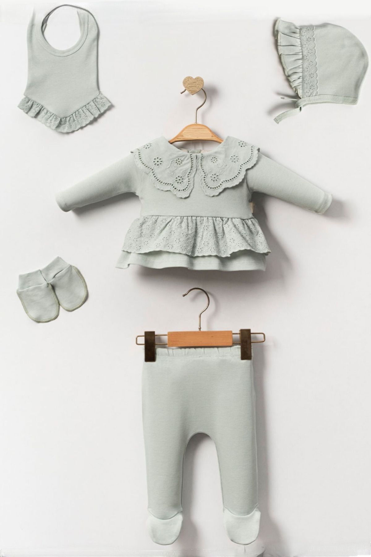 Cherub Baby Elit Bebe Yaka Fistolu %100 Pamuk Yenidoğan Kız Bebek 5 Parça Hastane Çıkışı Zıbın Seti fotoğrafı 2 (önizleme)