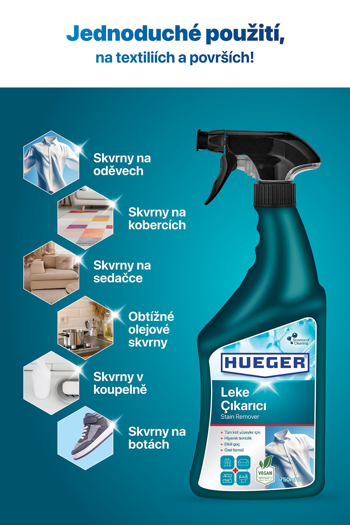 Hueger-Veganský odstraňovač skvrn – pěna a rozprašovací hlava, odstraňovač skvrn na tkaniny a povrchy Sada 2 750 ml 750 ml 3