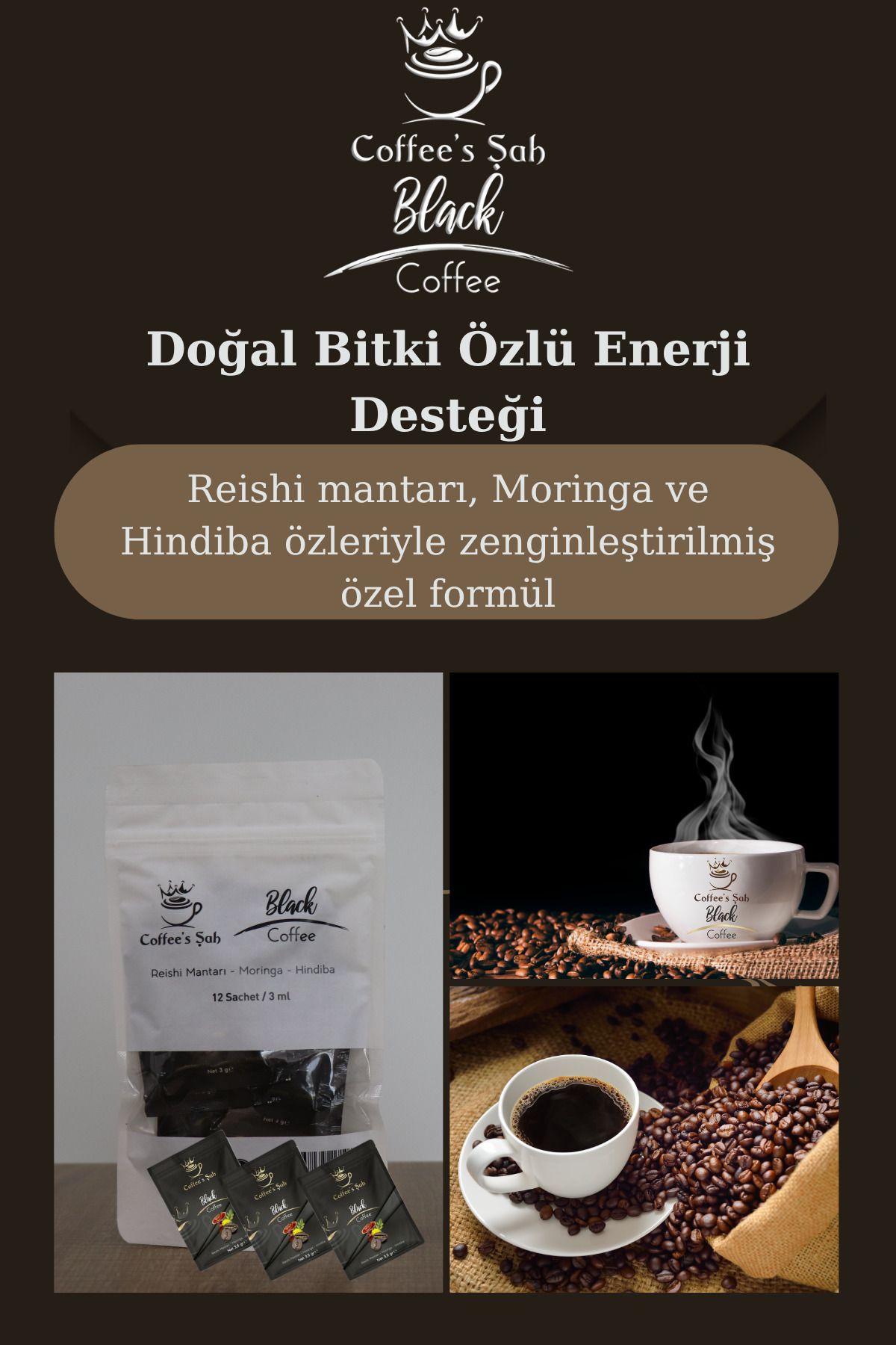 COFFEE'S ŞAH Kahve 12'li x 3 ml – Reishi, Moringa ve Hindiba Özlü Fonksiyonel Türk Kahvesi