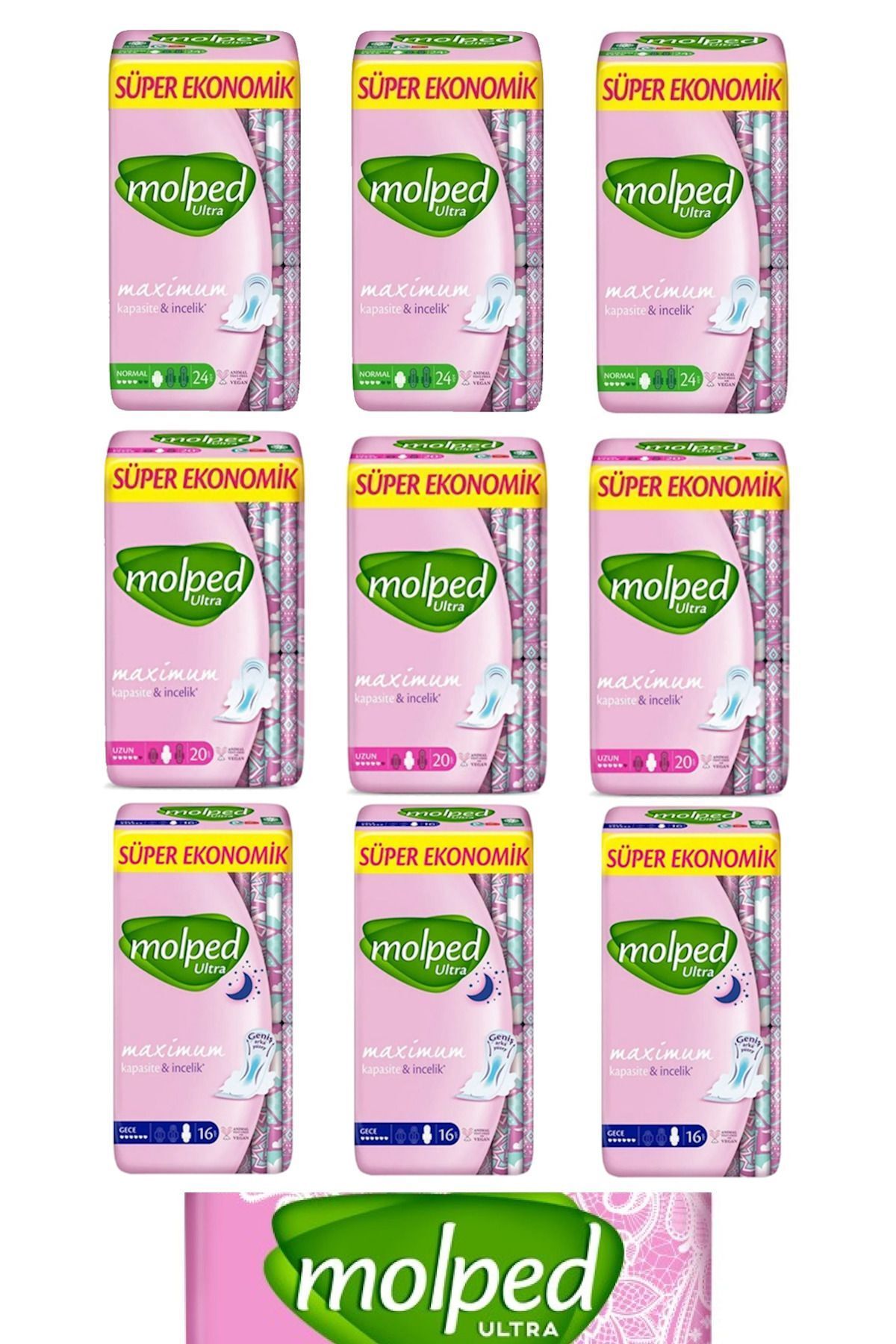 Molped Ultra Süper Ekonomik 9'lu Karma Paket (3 x Gece 16lı + 3 x Normal 24lü + 3 x Uzun 20li)