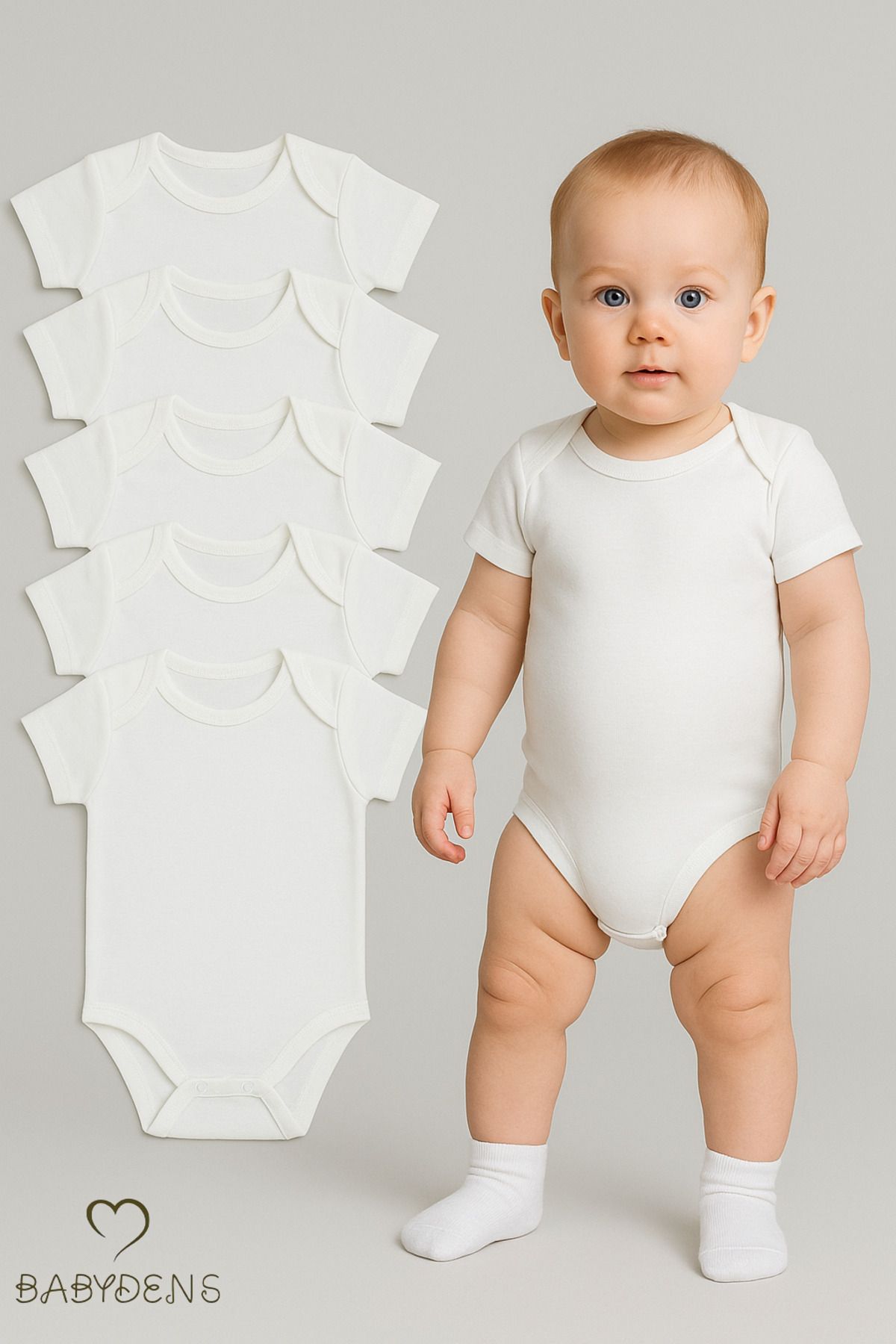 BABYDEN'S 5’li Set Kısa Kollu Bebek Zıbın %100 Pamuk Çıtçıtlı Body Beyaz Unisex Bebek İç Giyim 03-24 Ay