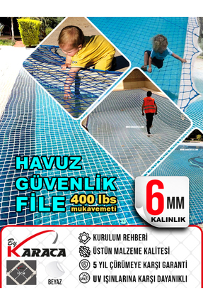 KARACAFİLE Havuz Çevresi Güvenlik Filesi 6mm Ip Kalınlığı 10x10 Gözenekli / 4x7m