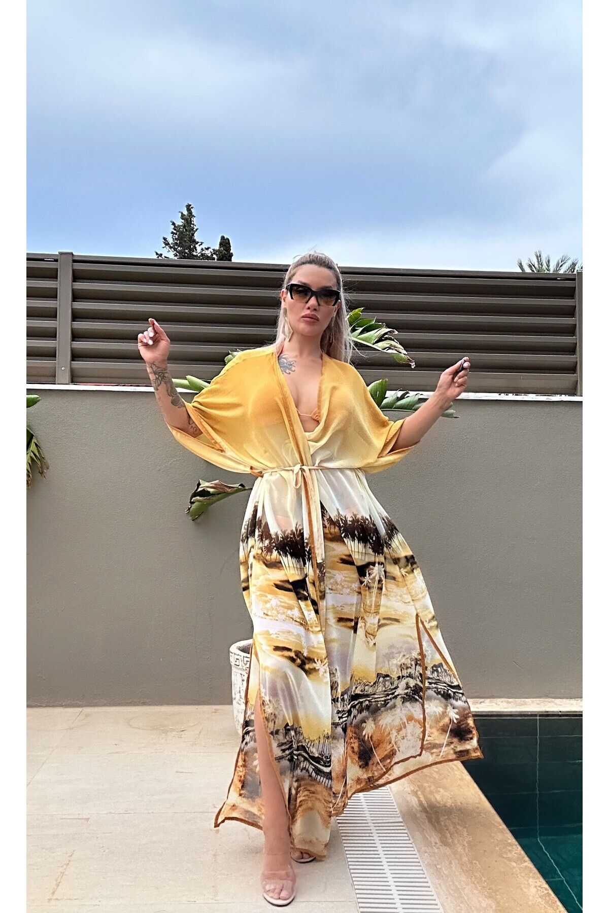 asalya Kadın Şifon Sarı Eteği Suyolu Kuşaklı Kimono