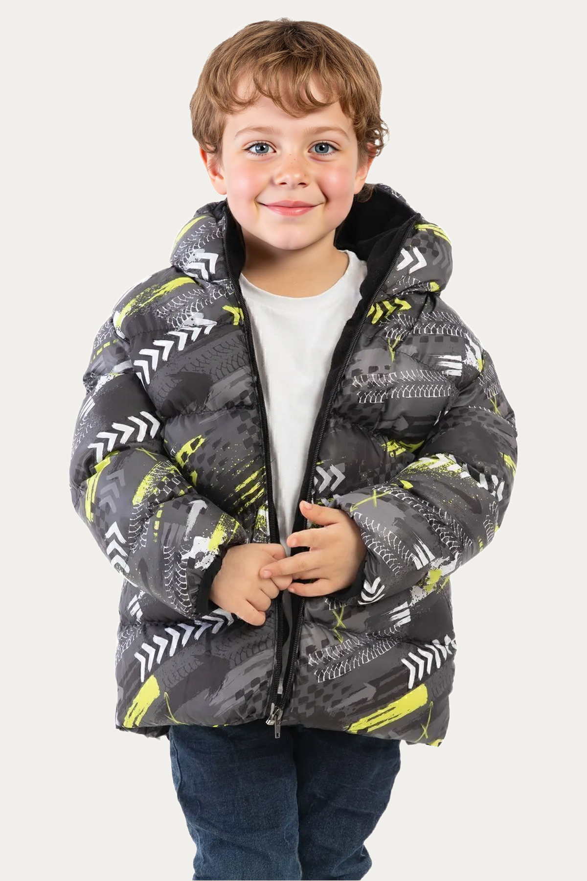  کاپشن زمستانی پفی کلاه دار ضد آب و باد، طرح دیجیتال زرد و مشکی پسرانه، آستر پشمی