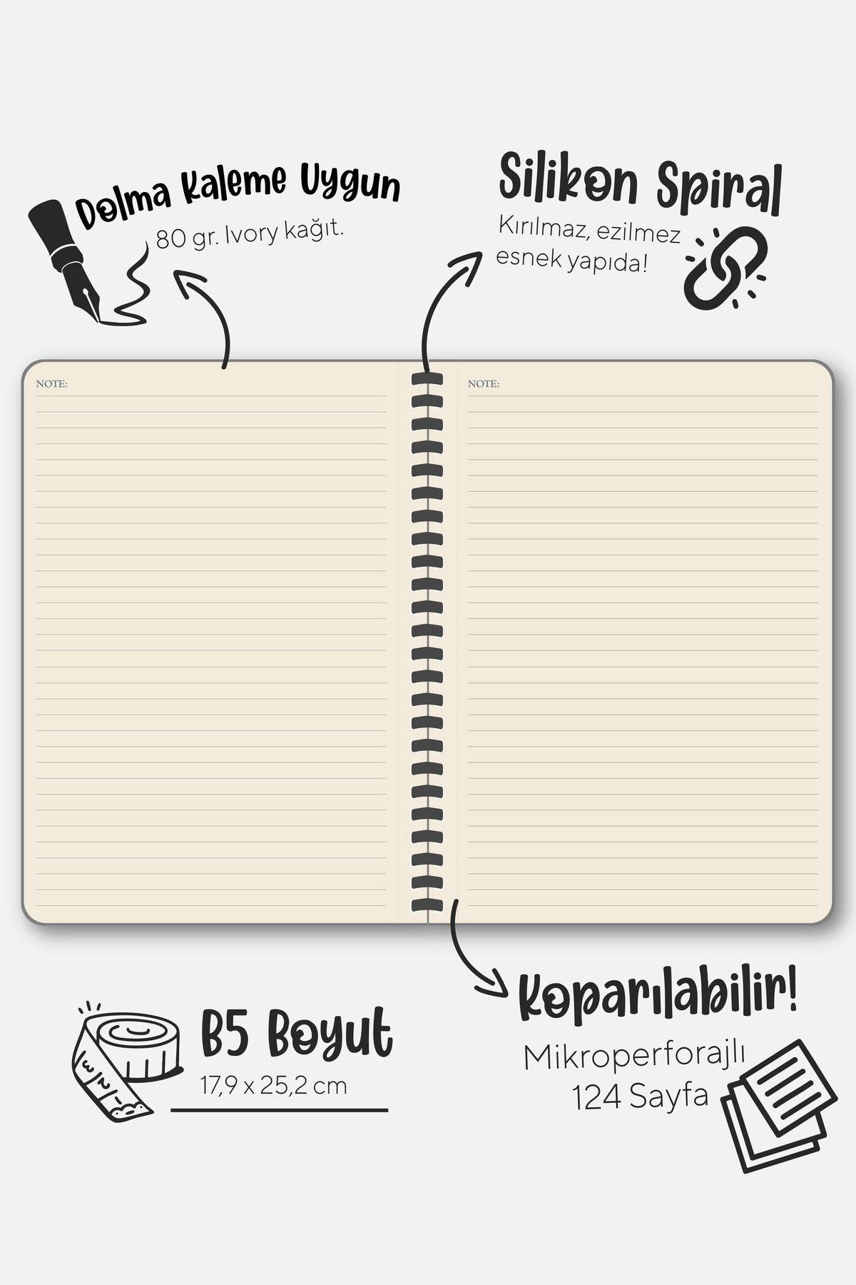 Victoria's Journals-Silicone Spiral Notebook 80 Gr. Ivory 18X25Cm Striped 2