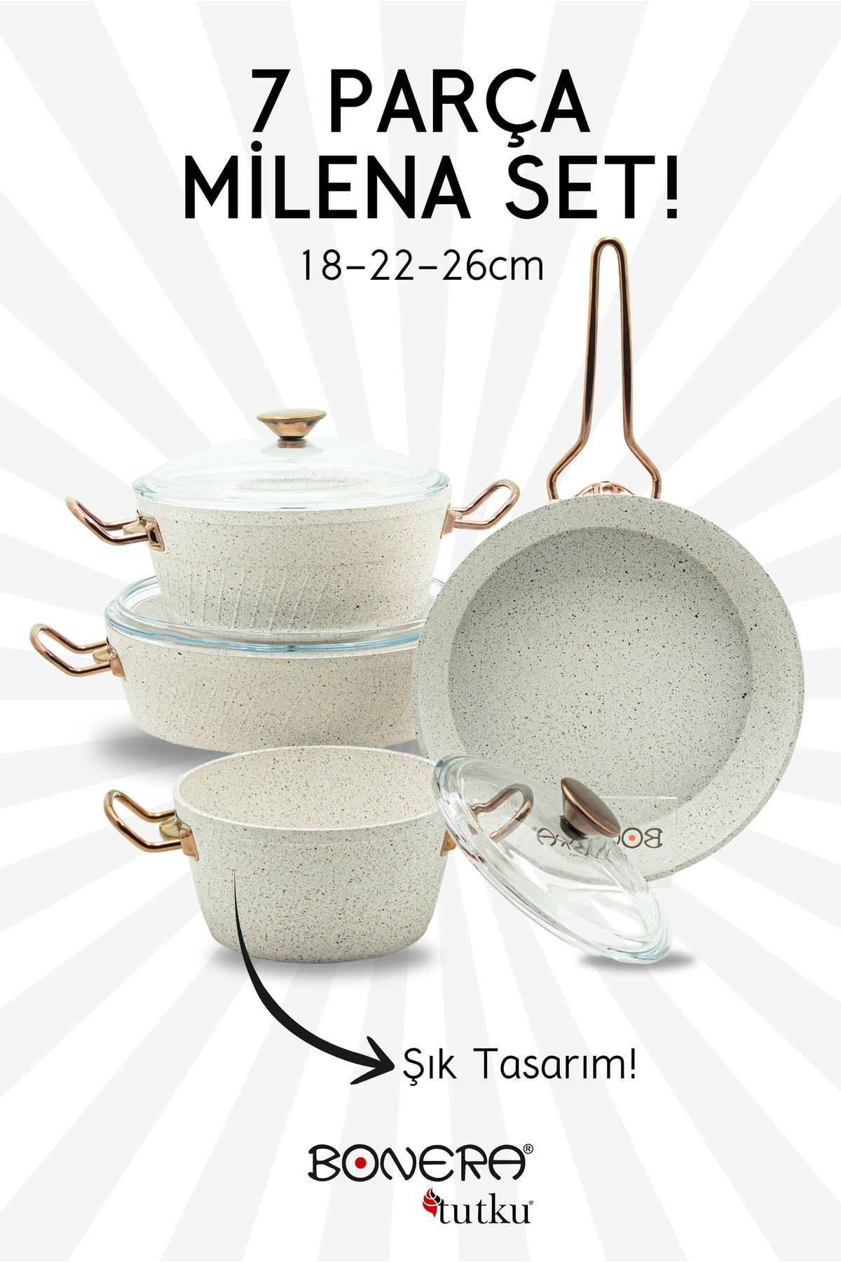 Bonera Milena 7 Parça Kar Beyazı Granit - Rose Gold Kulp Detaylı Tencere & Tava Seti