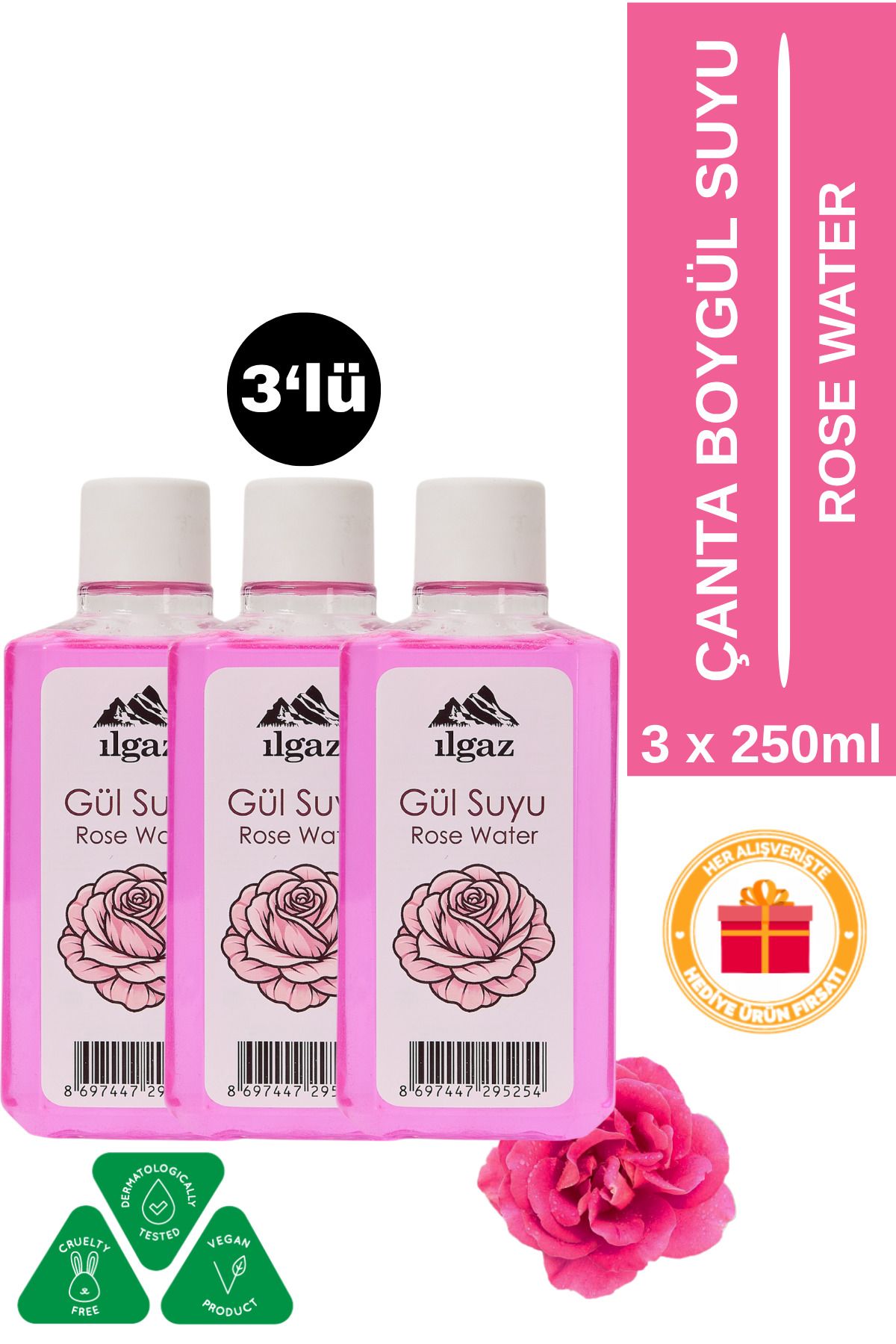 ILGAZ Doğal Gül Suyu 3'lü Eko Paket | Tonik Etkili, Ferahlatıcı ve Canlandırıcı Bakım Çanta Boy - 3X250 ml